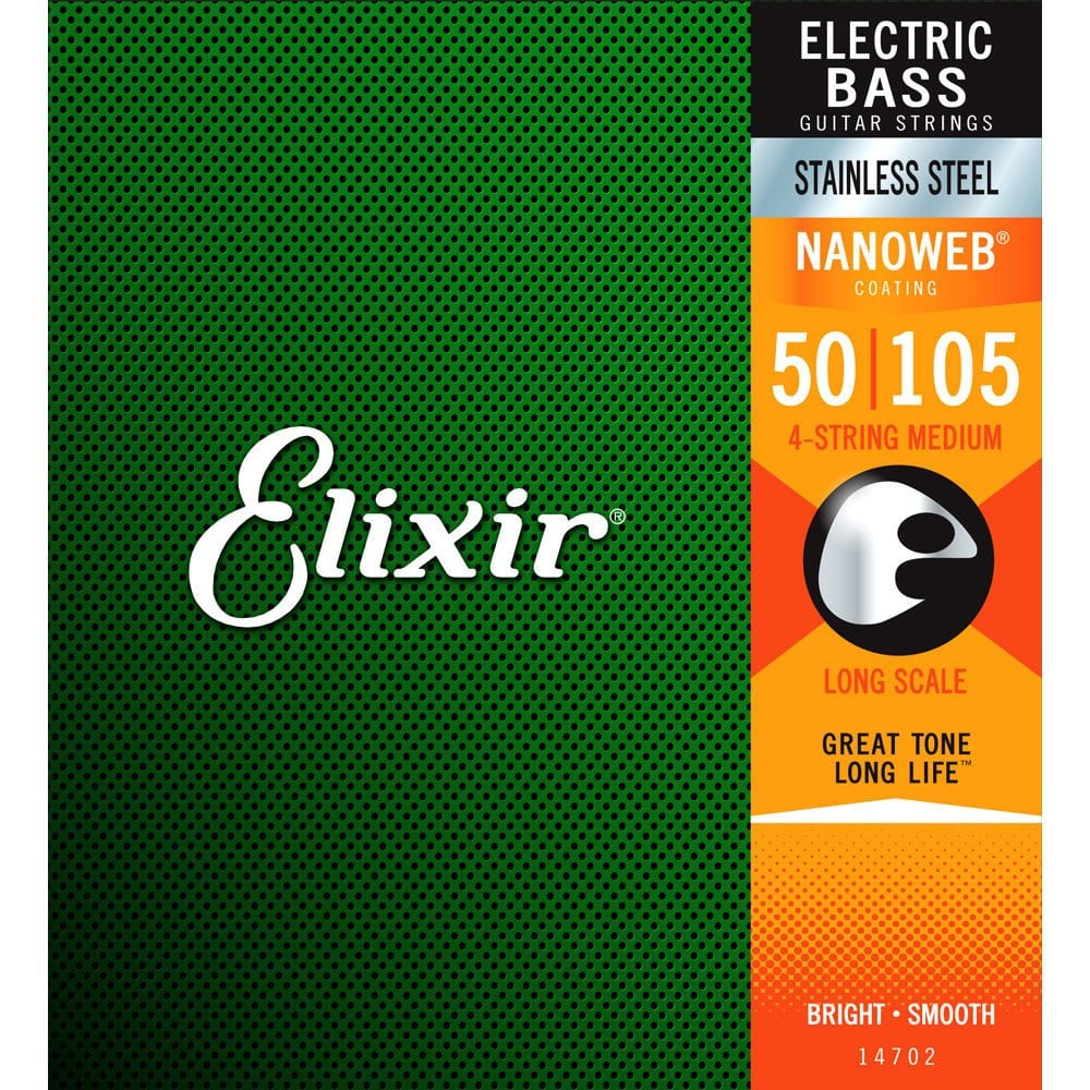 Elixir elektro bas gitarı telleri, paslanmaz çelik, Nanoweb, 50-105, orta, uzun skala.