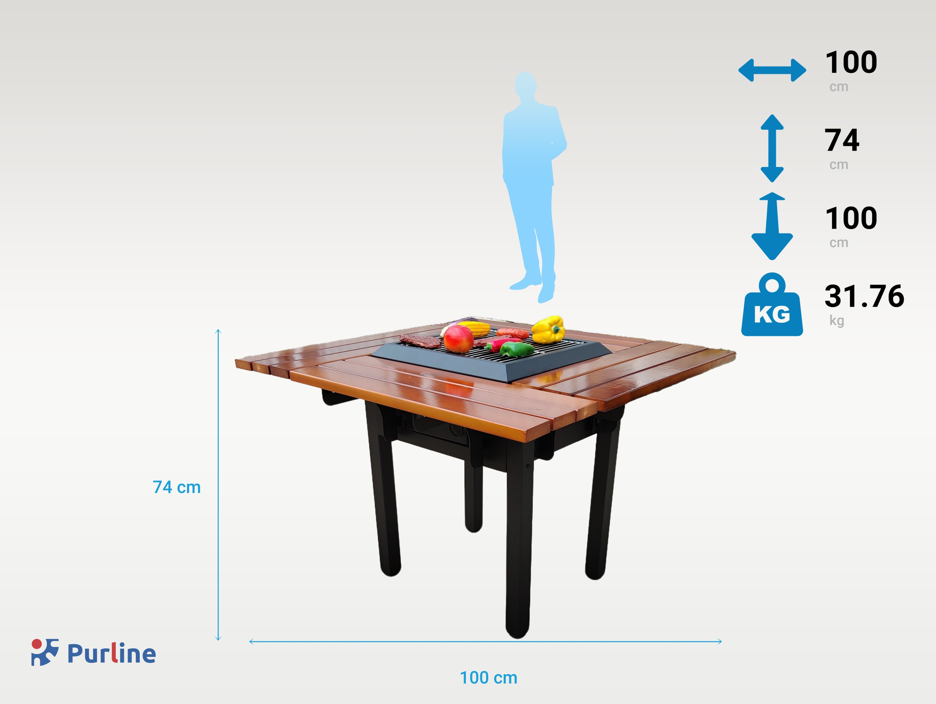 Ein hölzerner Tisch mit Grill und Lebensmitteln, Maße 100x74x100cm.