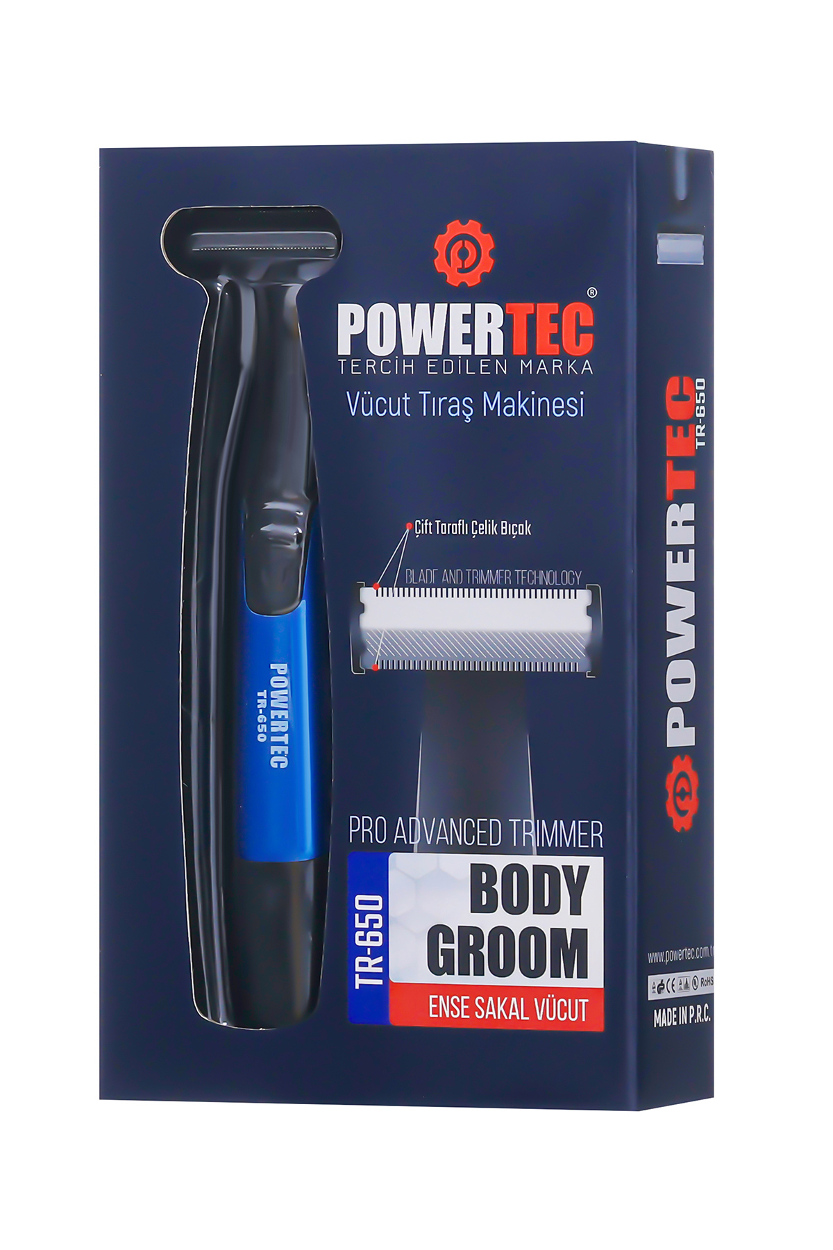 Siyah ve mavi POWERTEC vücut bakım aleti, TR-650 modelinin ambalajı.