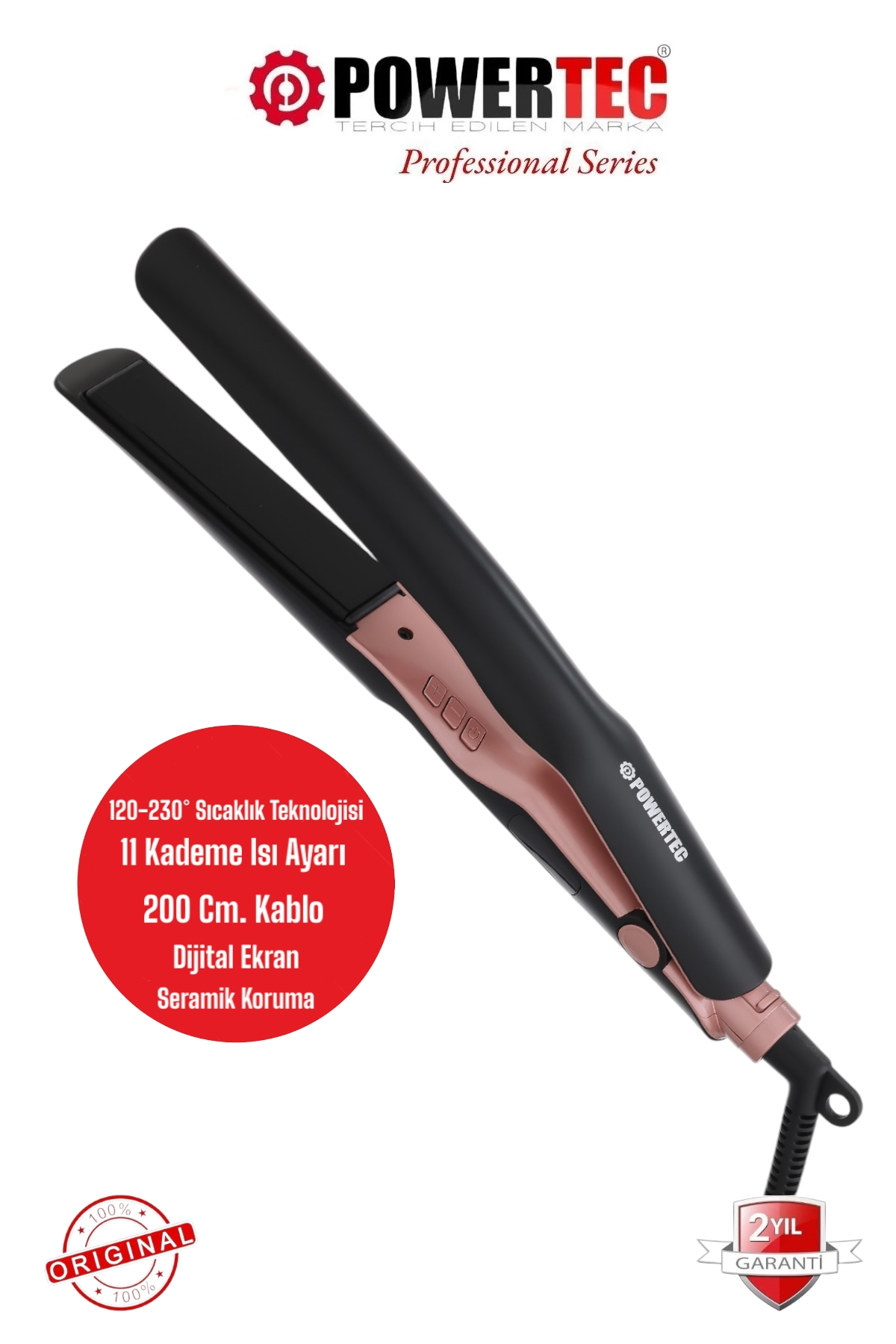 Siyah Powertec saç düzleştirici, rose gold aksanlar ve dijital ekran.
