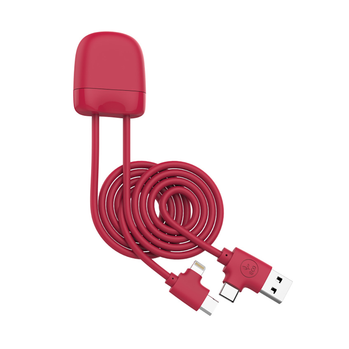 Un cavo di ricarica rosso con connettori USB-A, USB-C e Lightning.
