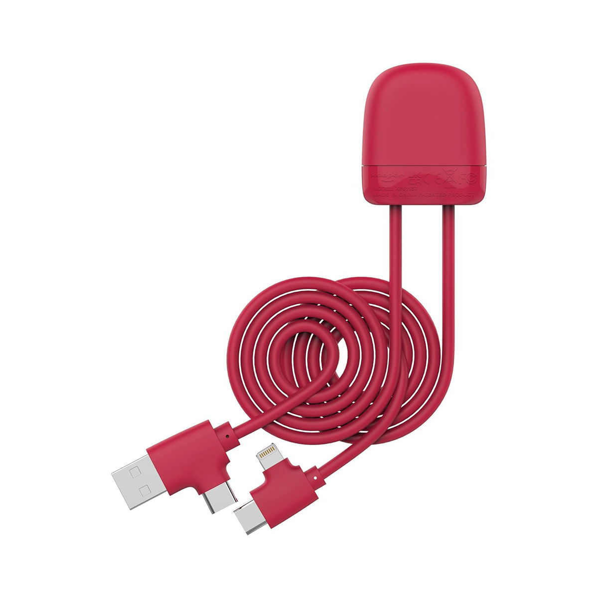 Cavo di ricarica rosso con connettori USB-C, Lightning e USB-A, arrotolato.