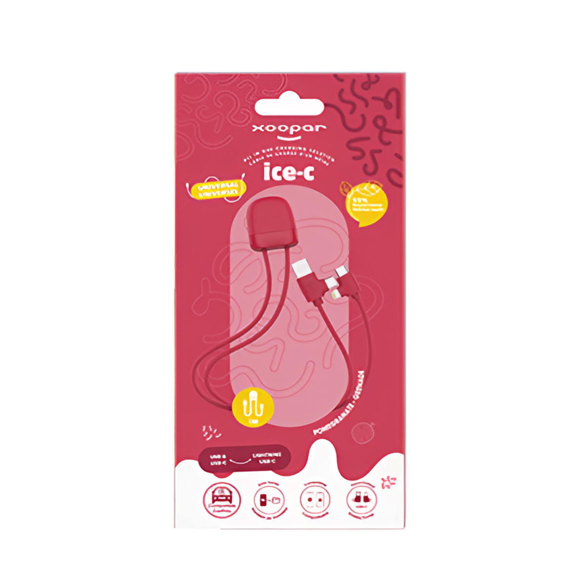Cavo di ricarica rosso con due connettori su confezione rossa con testo bianco.