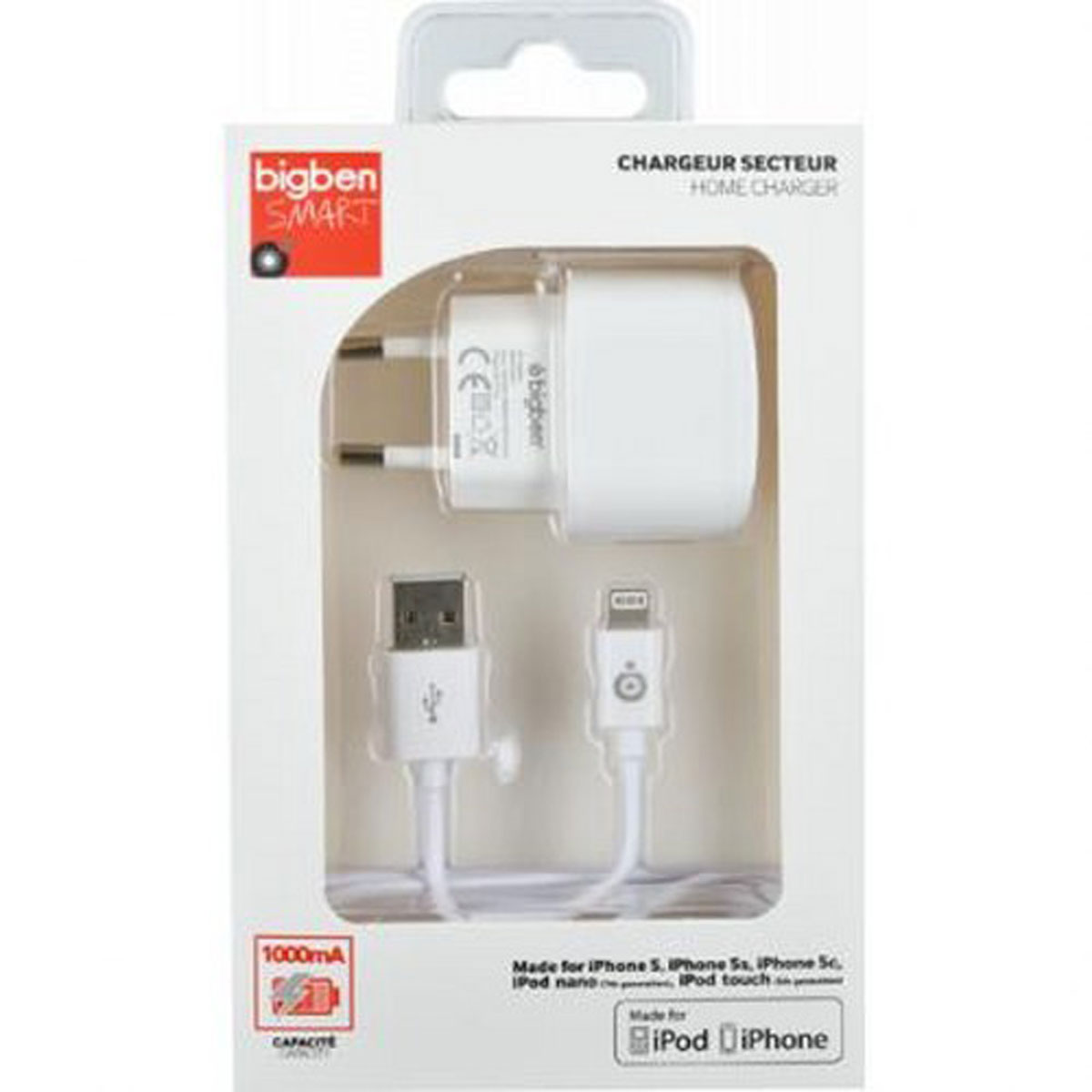 Caricabatterie da muro bianco con cavo USB e connettore Lightning per Apple.