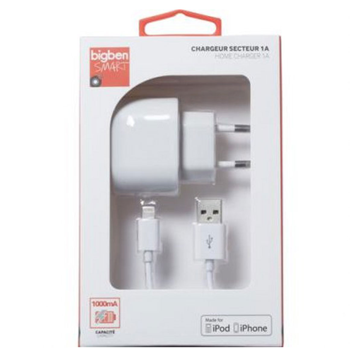 Alimentatore bianco con cavi per iPhone/iPod, in confezione.
