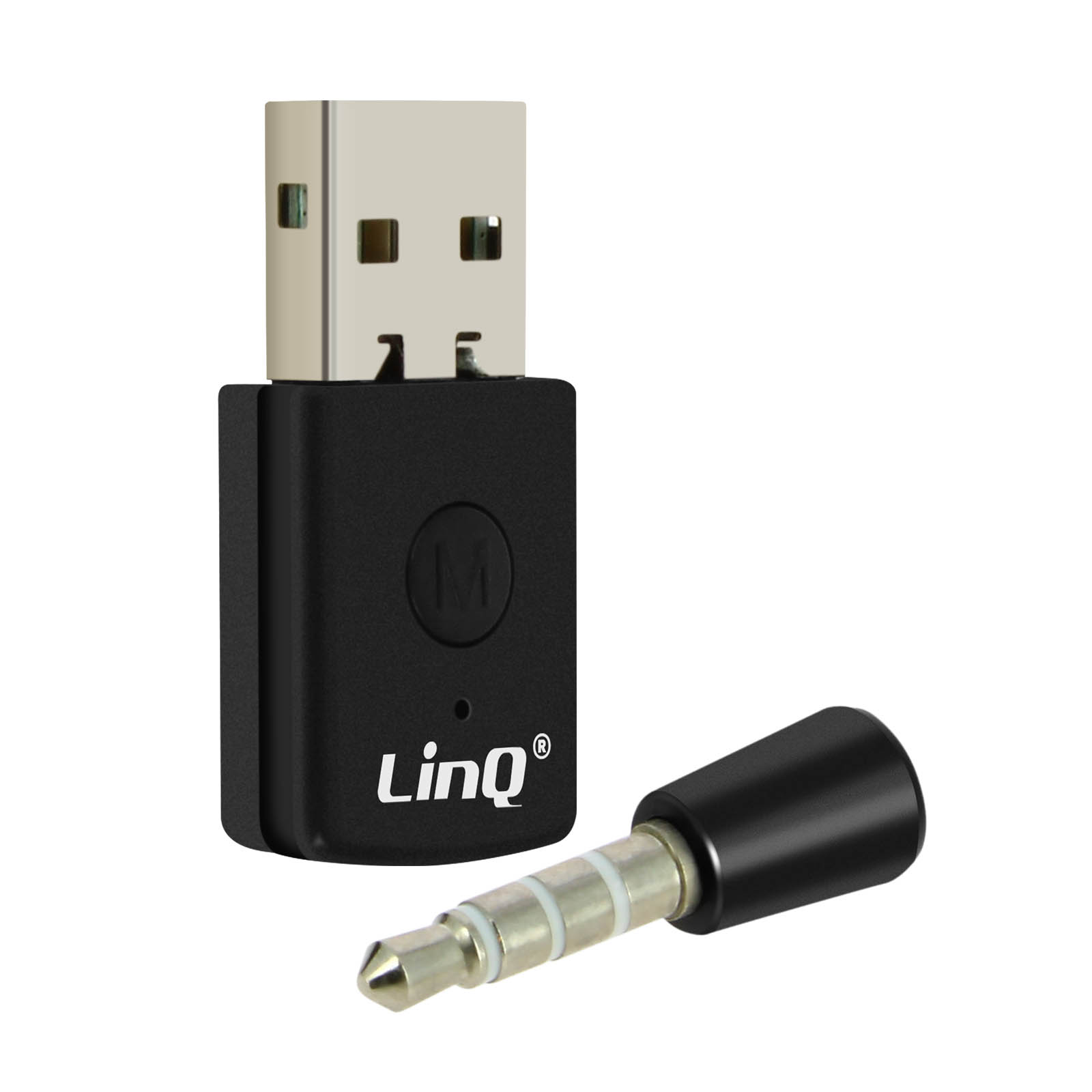 Adattatore USB nero con spina jack da 3,5 mm e logo 'LinQ'.