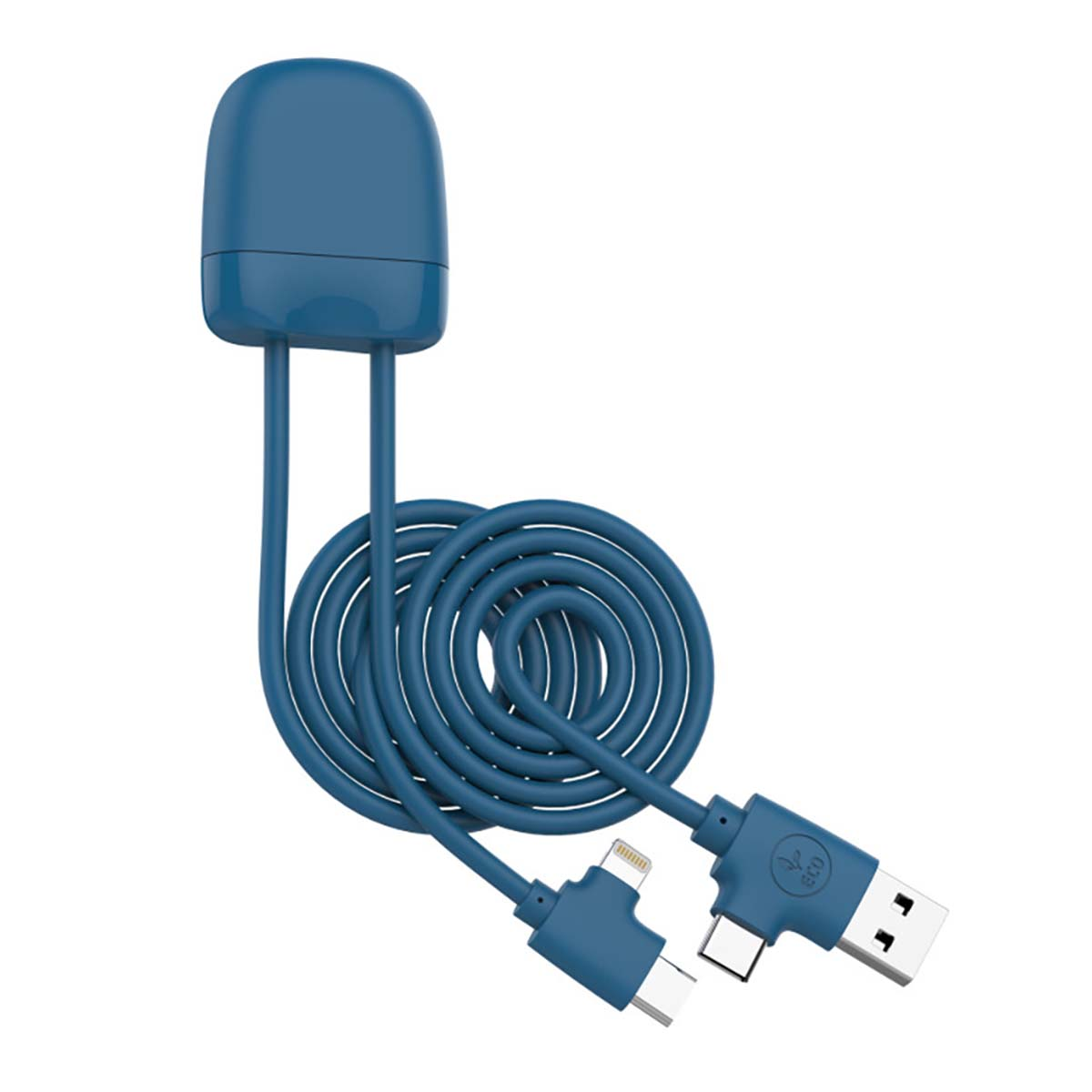 Un cavo di ricarica blu con connettori USB-A, USB-C e Lightning.