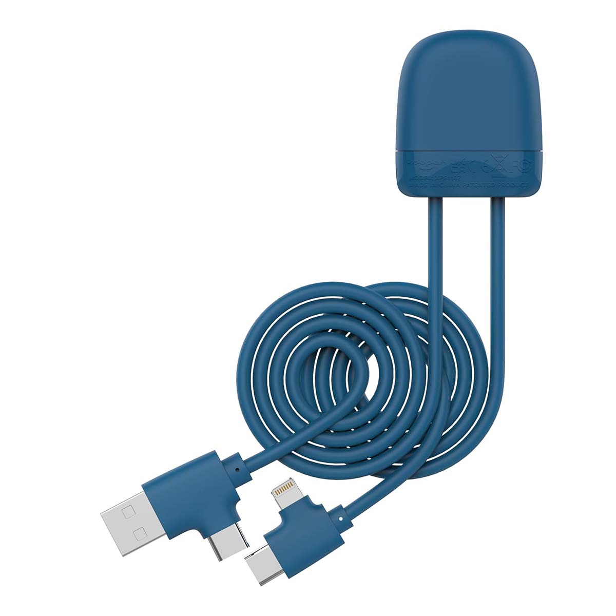 Un cavo di ricarica blu con connettori USB-A, USB-C e Lightning. Su sfondo bianco.