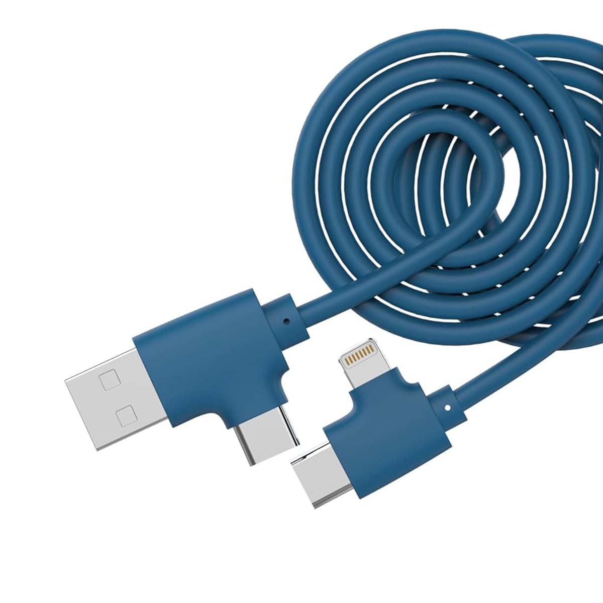 Un cavo di ricarica blu arrotolato con connettori USB-A, USB-C e Lightning.