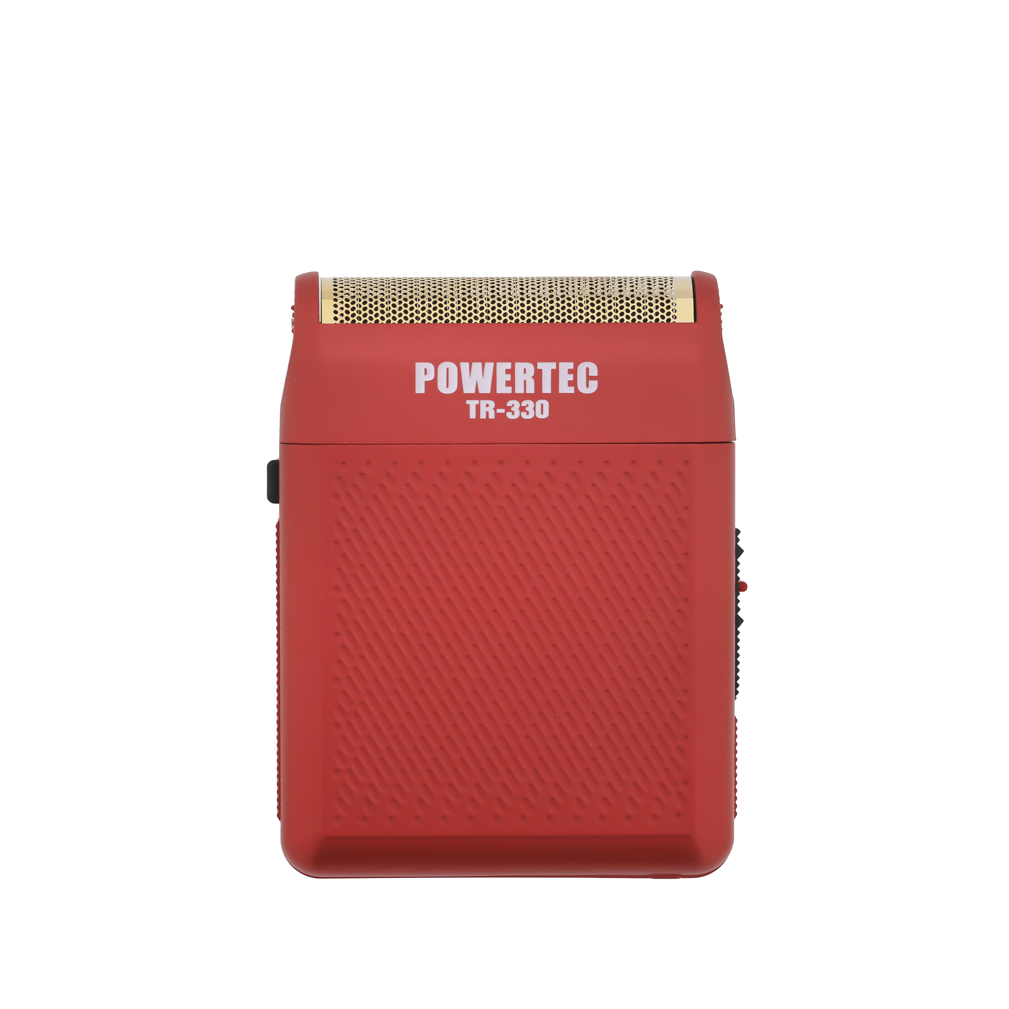 Altın folyo başlıklı kırmızı POWERTEC TR-330 tıraş makinesi, yivli desenli.