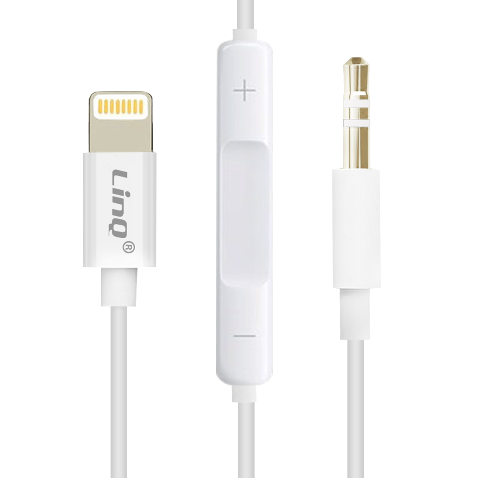 Un cavo bianco con connettore Lightning, controllo in linea e jack da 3,5 mm.