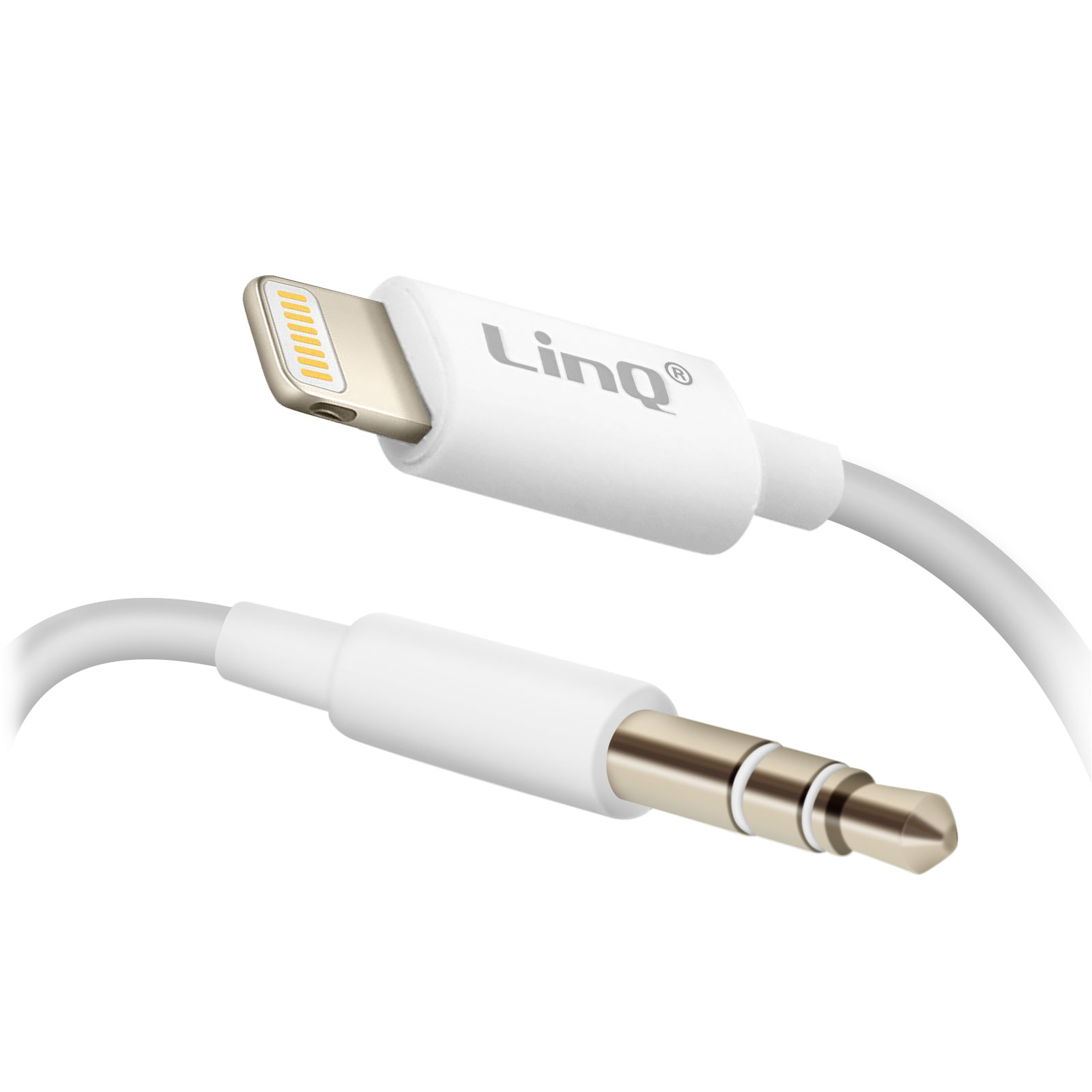 Un cavo bianco con connettore Lightning e jack audio da 3,5 mm.