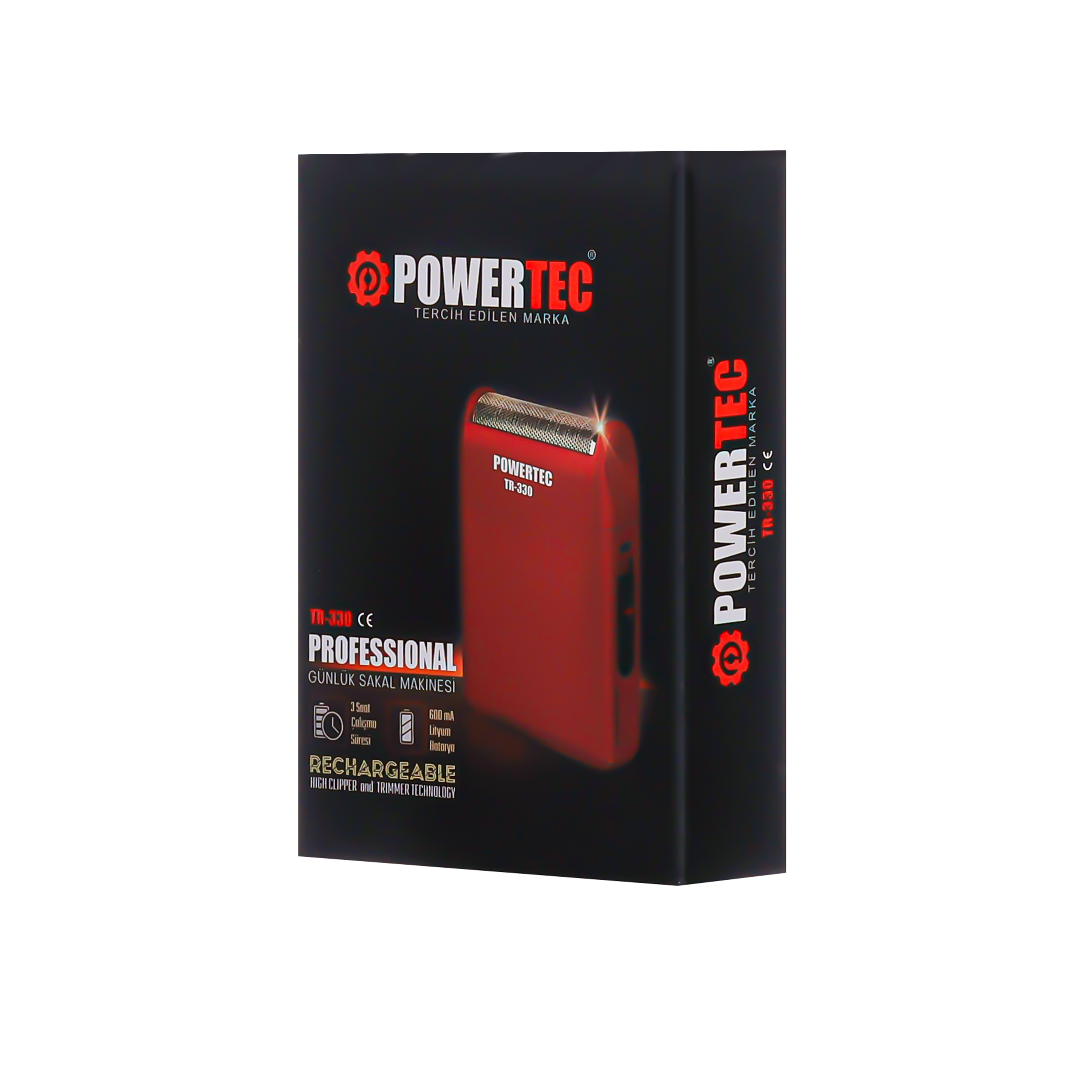 Siyah kutuda kırmızı Powertec TR-330 tıraş makinesi.