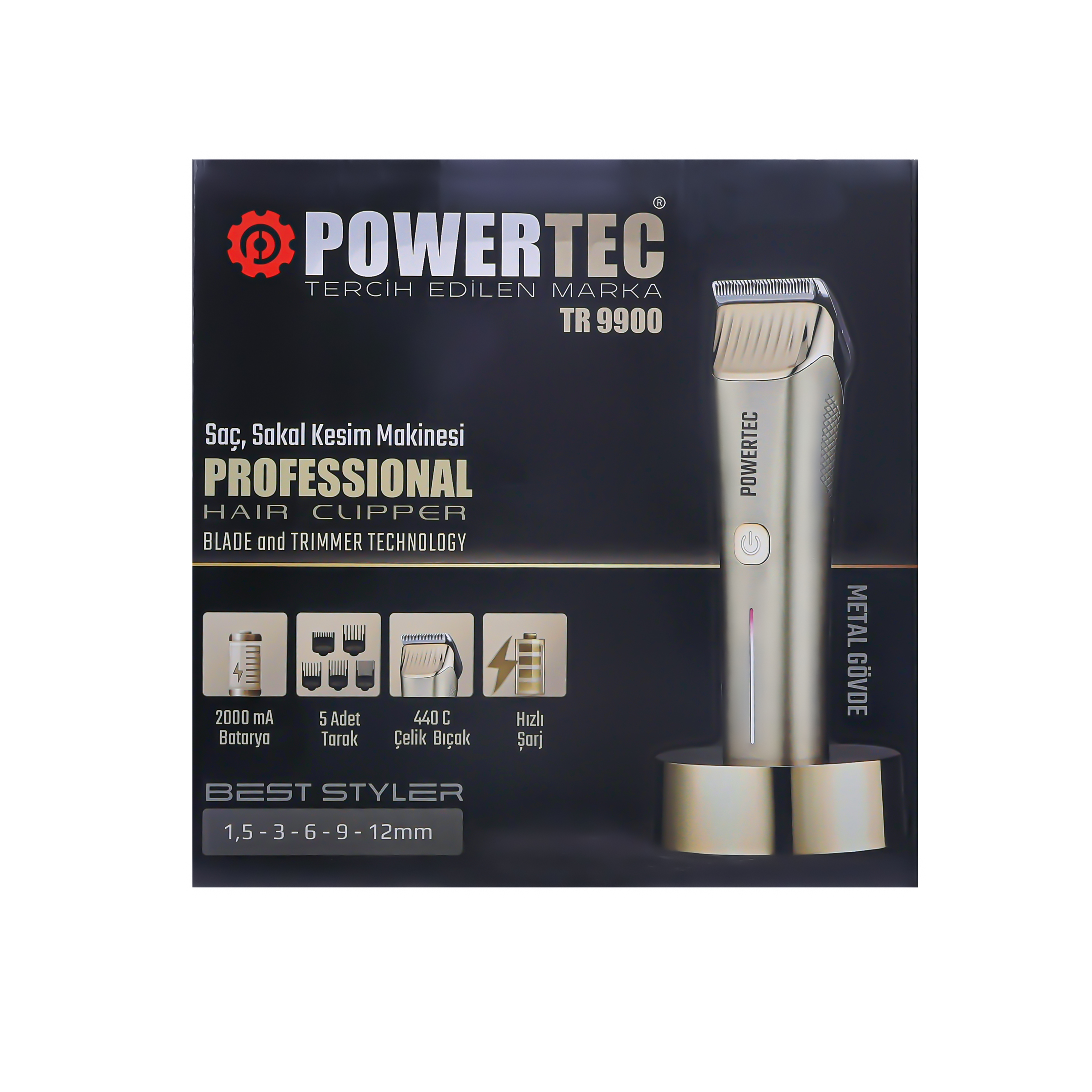 Aksesuarları ve özellikleri olan gümüş renkli POWERTEC saç kesme makinesi ambalajı.