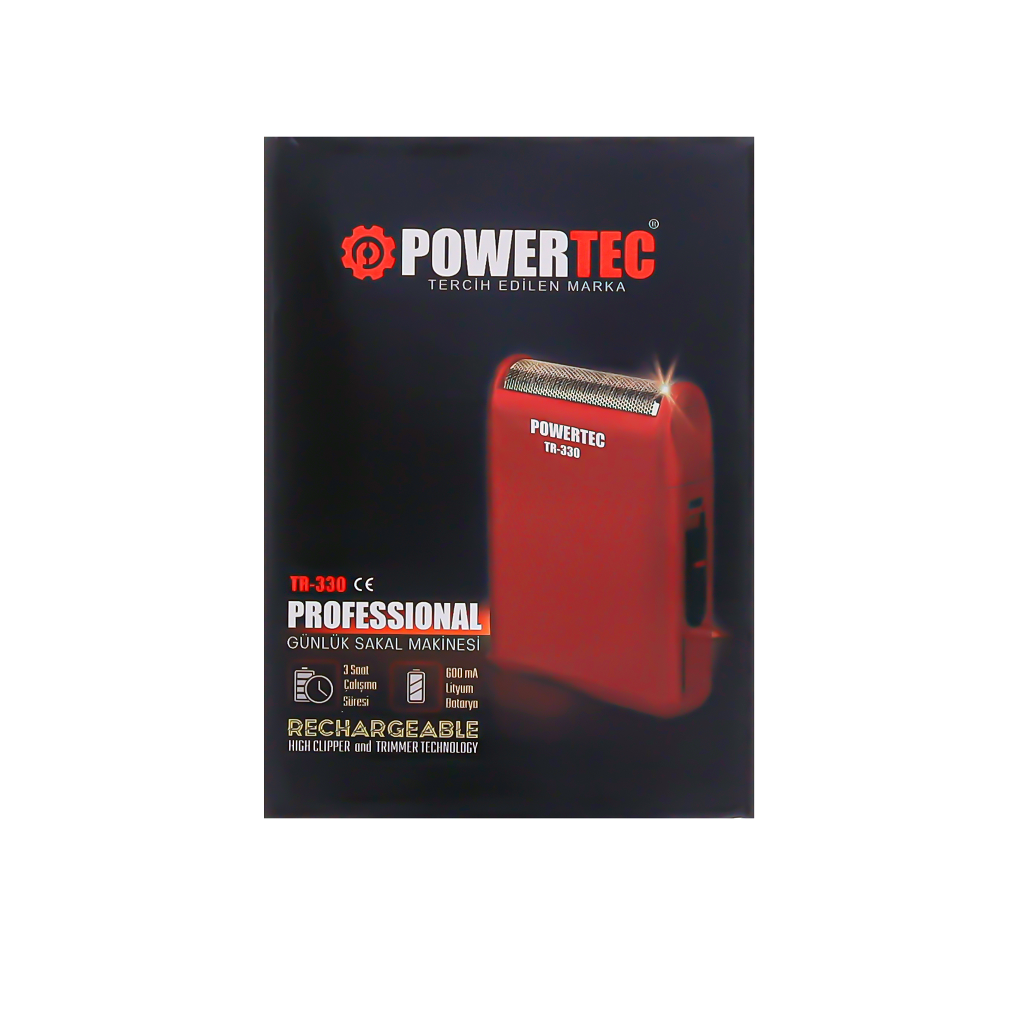 Logo ve teknik detaylı kırmızı POWERTEC TR-330 tıraş makinesi.