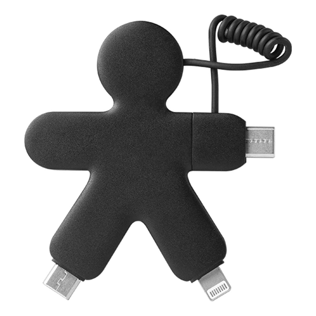 Un adattatore nero a forma di persona con più porte e cavo a spirale.