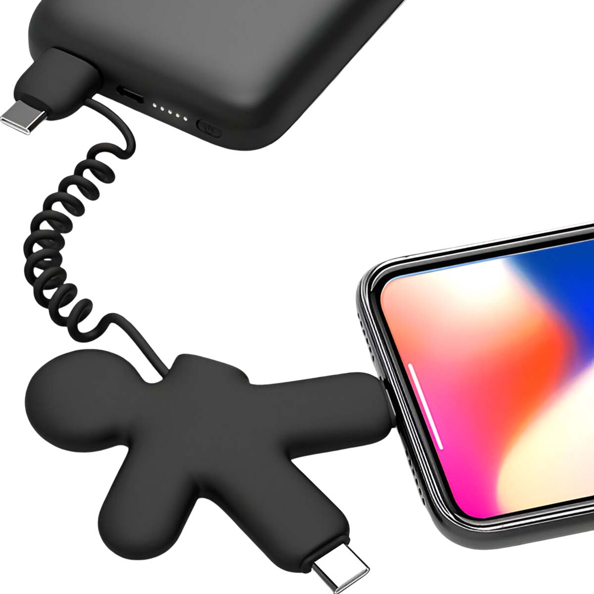 Un adattatore power bank nero a forma di persona carica uno smartphone.