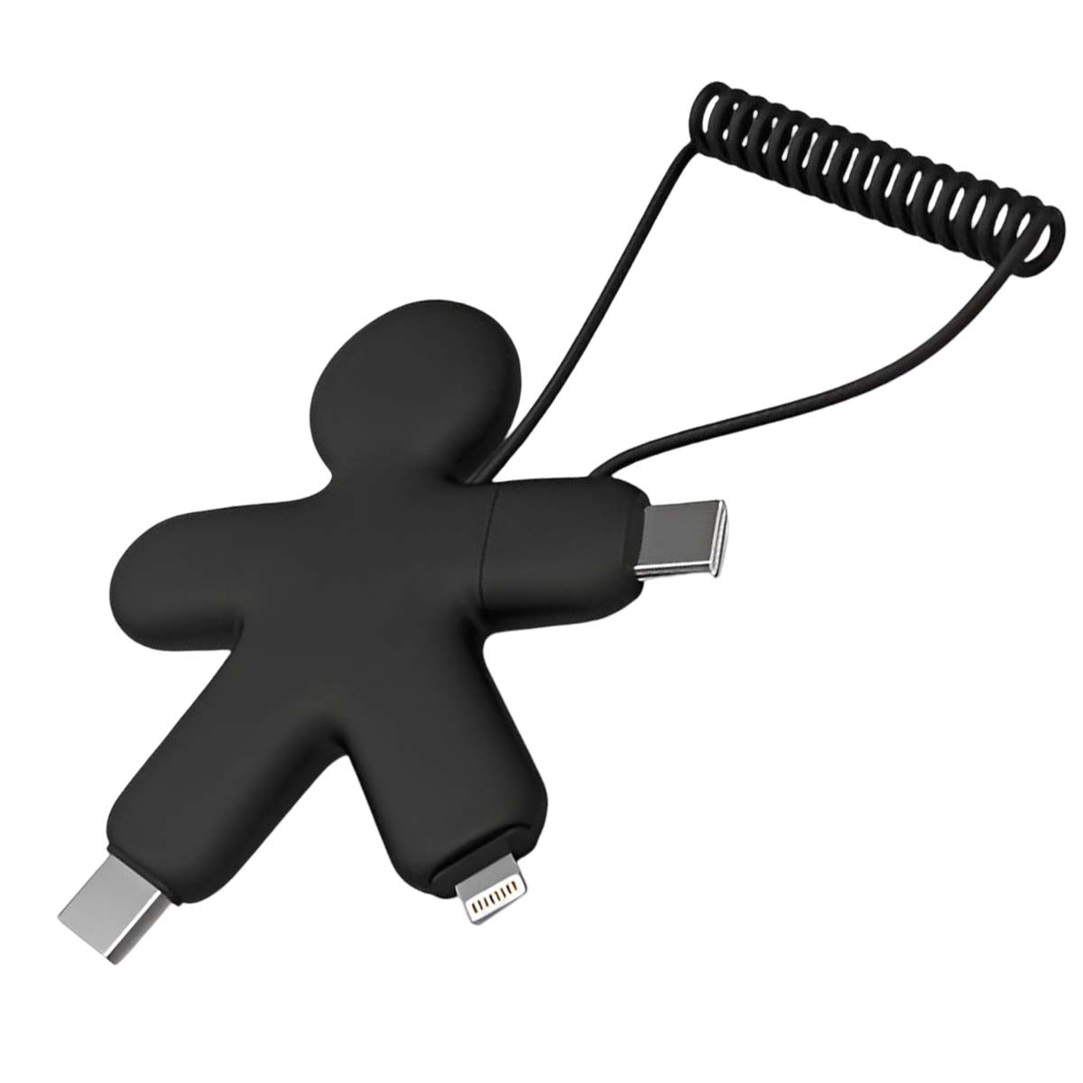 Adattatore di ricarica nero a forma di uomo con connettori USB-C e Lightning.