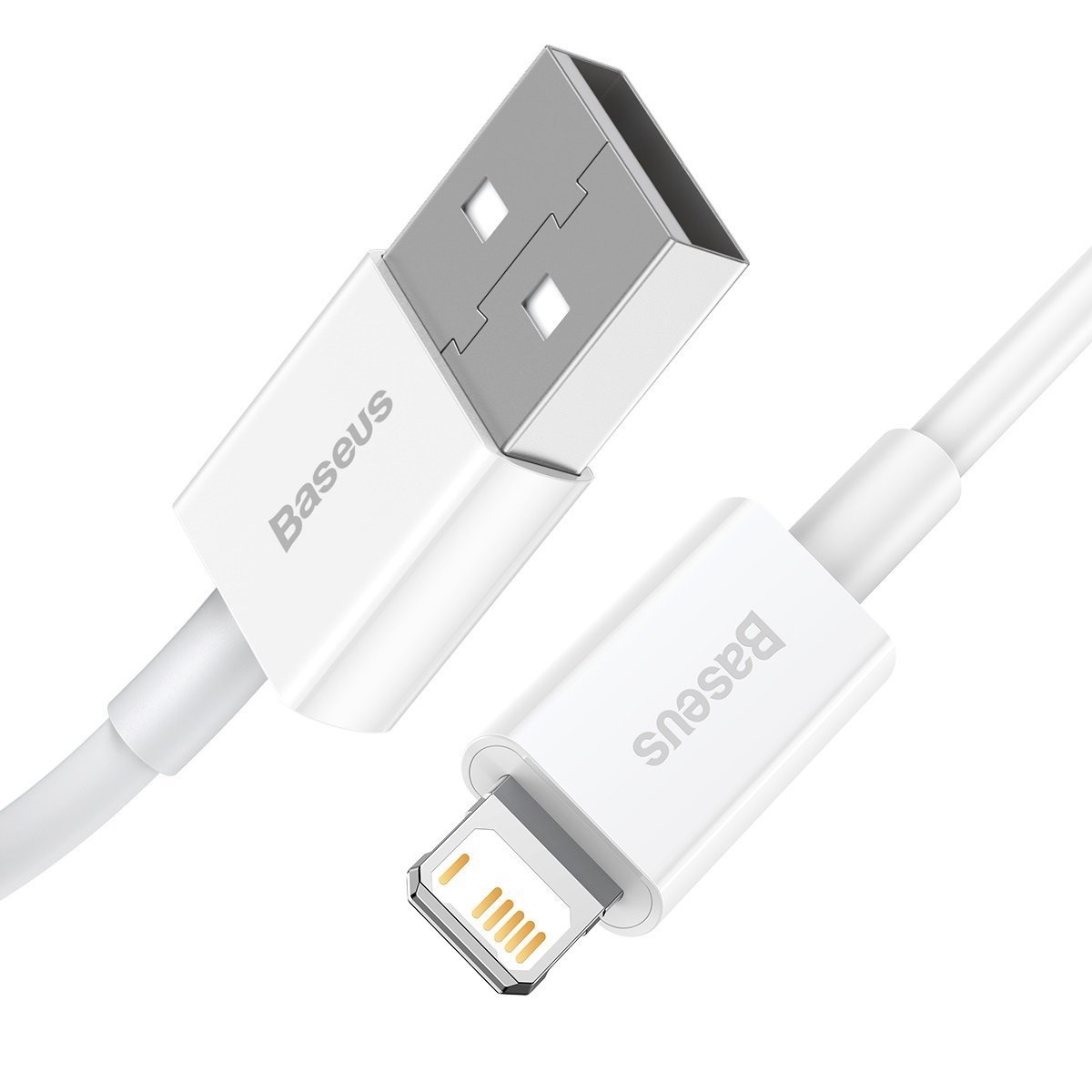 Un cavo da USB a Lightning bianco Baseus su sfondo bianco.