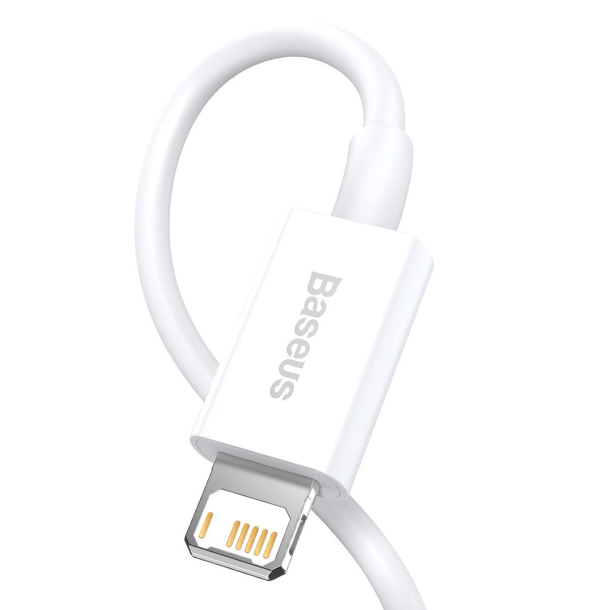 Un cavo di ricarica bianco con connettore Lightning e logo 'Baseus'.