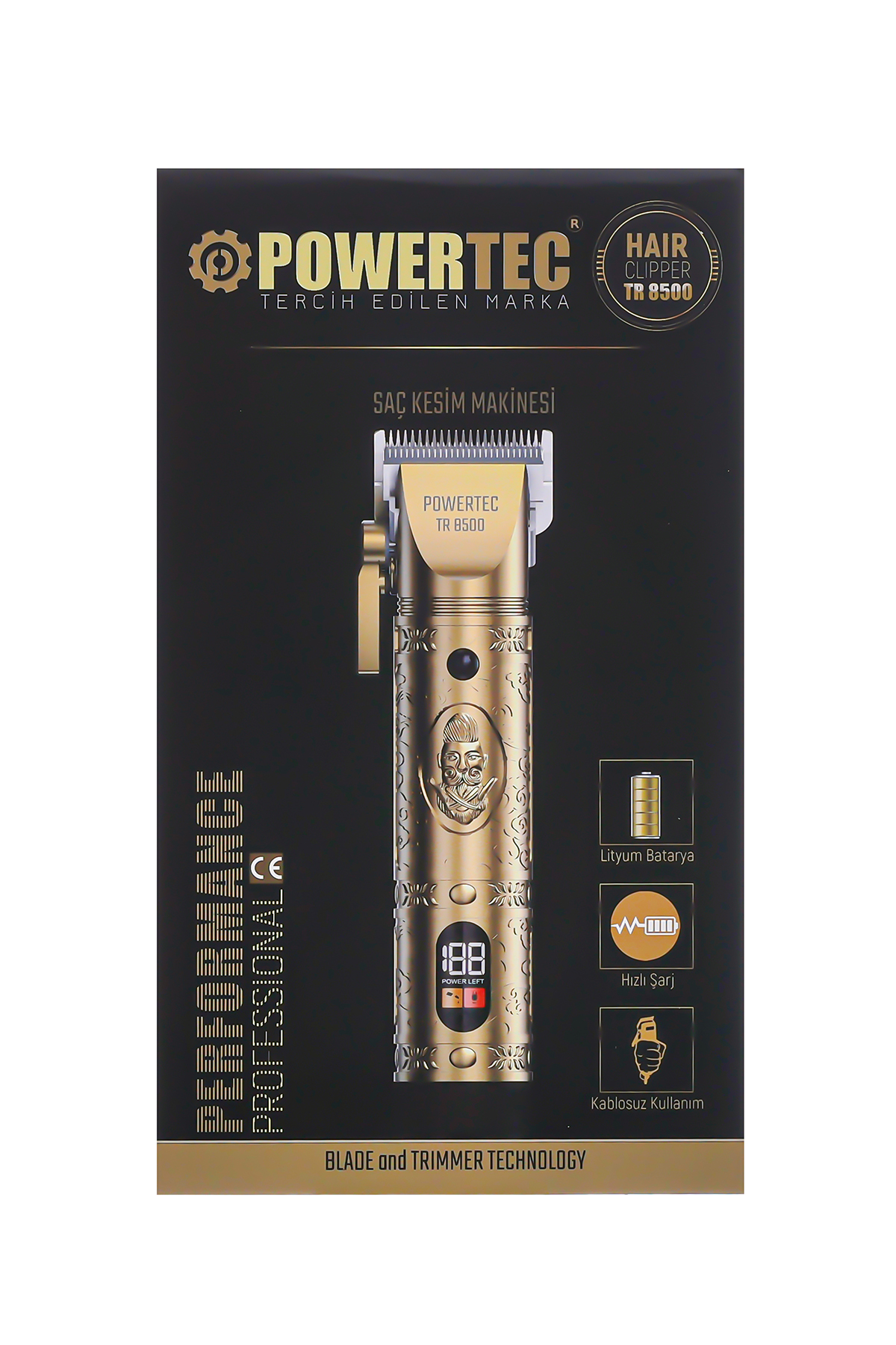 Sakal desenli, dijital göstergeli altın rengi Powertec saç kesme makinesi TR 8500.