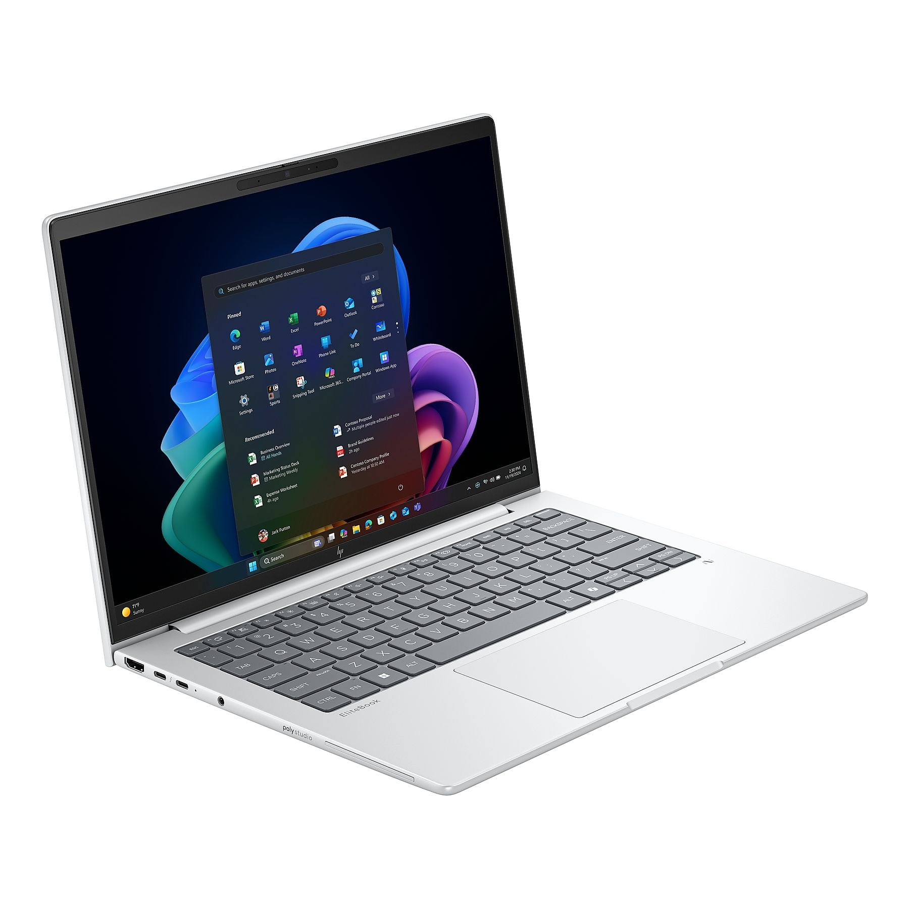 Un laptop argentato con menu Start di Windows 11 aperto, tastiera e touchpad visibili.