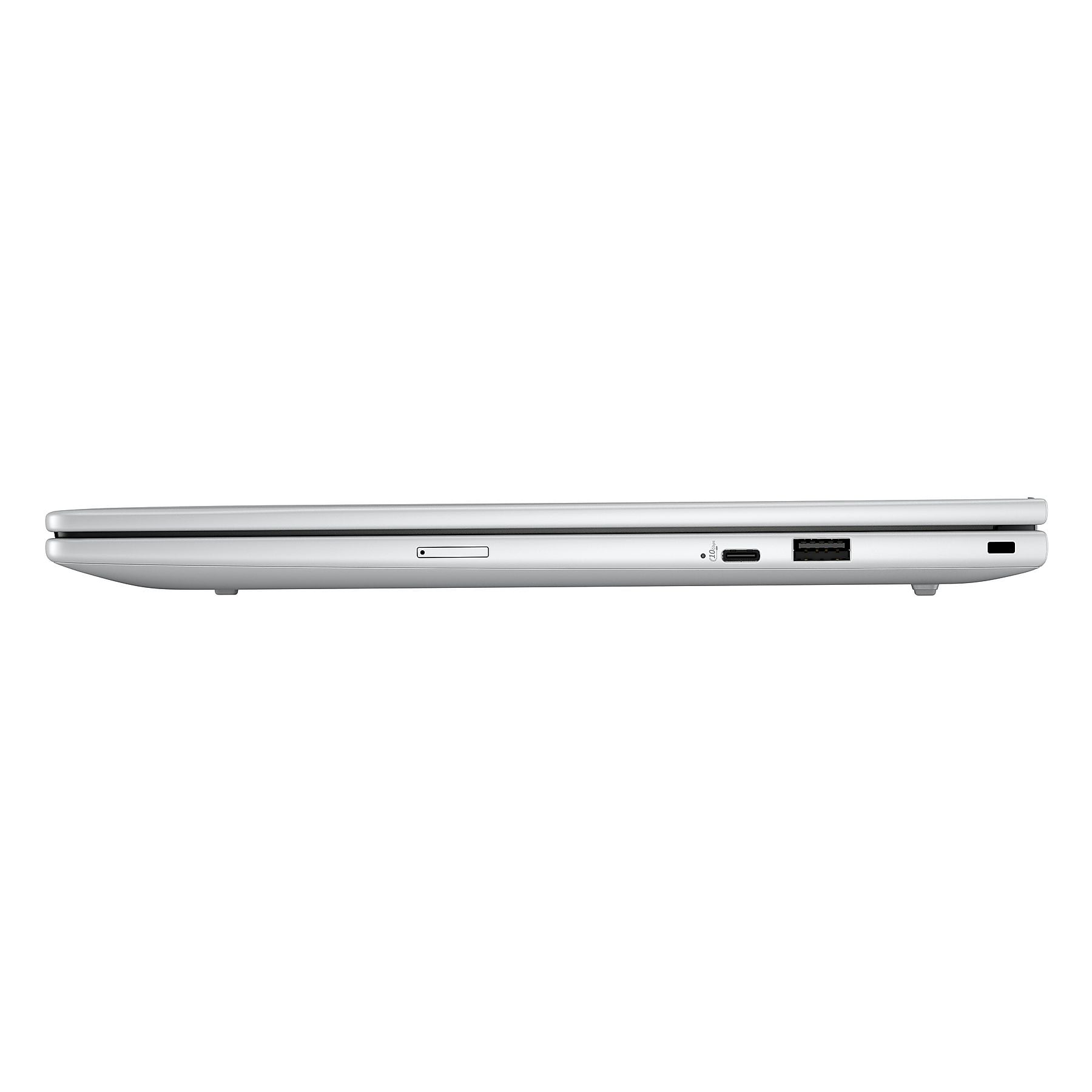 Lato di un laptop argentato con porte: lettore di schede SD, USB-C e USB-A.