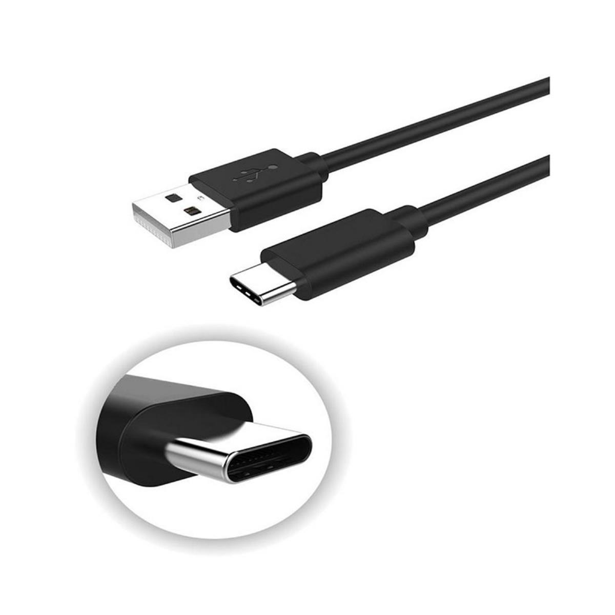 Cavo USB-A a USB-C nero con primo piano del connettore USB-C.
