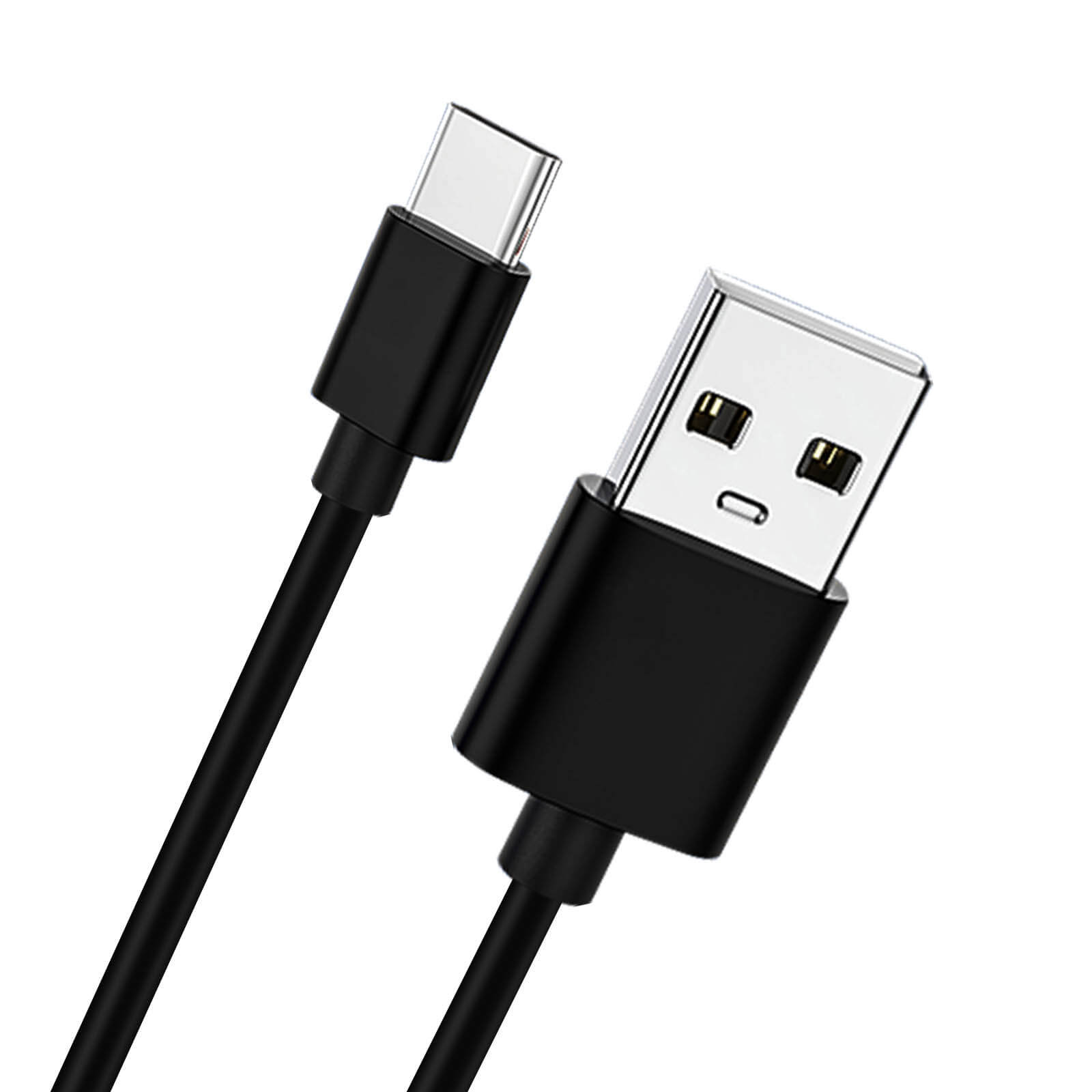 Un cavo USB-C a USB-A nero con connettori bianchi su sfondo bianco.