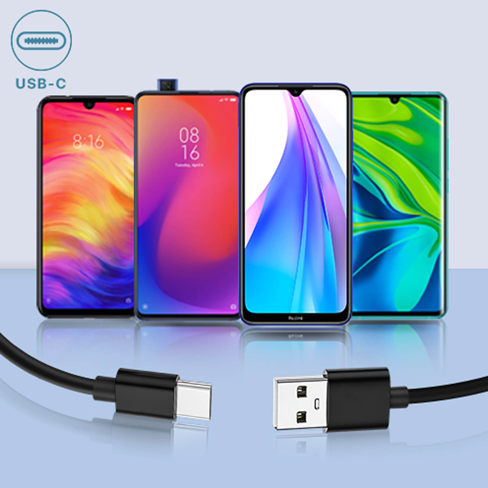 Logo USB-C e cavo con connettore USB-A davanti a quattro smartphone.