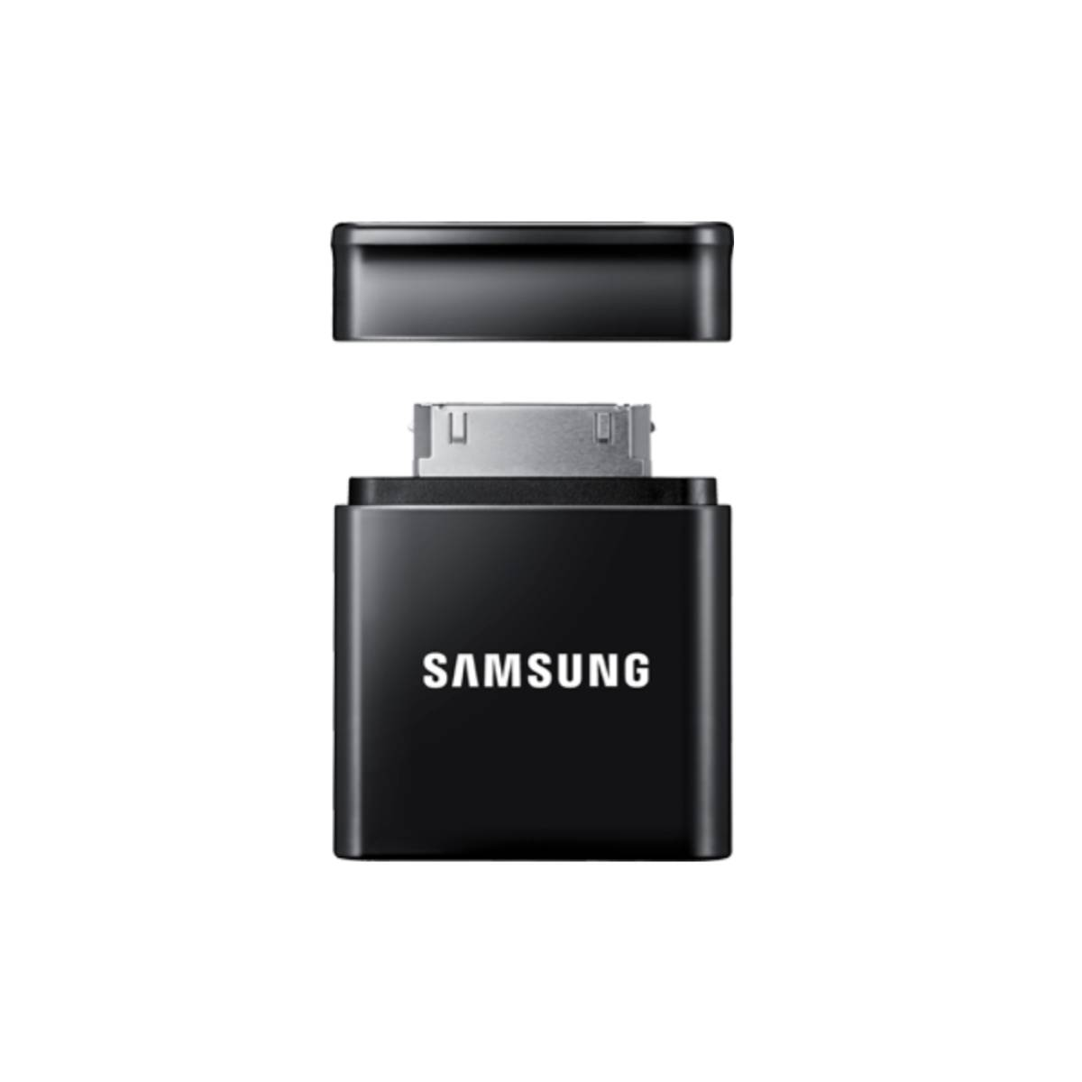 Un adattatore Samsung nero con cappuccio rimovibile e connettori argentati.