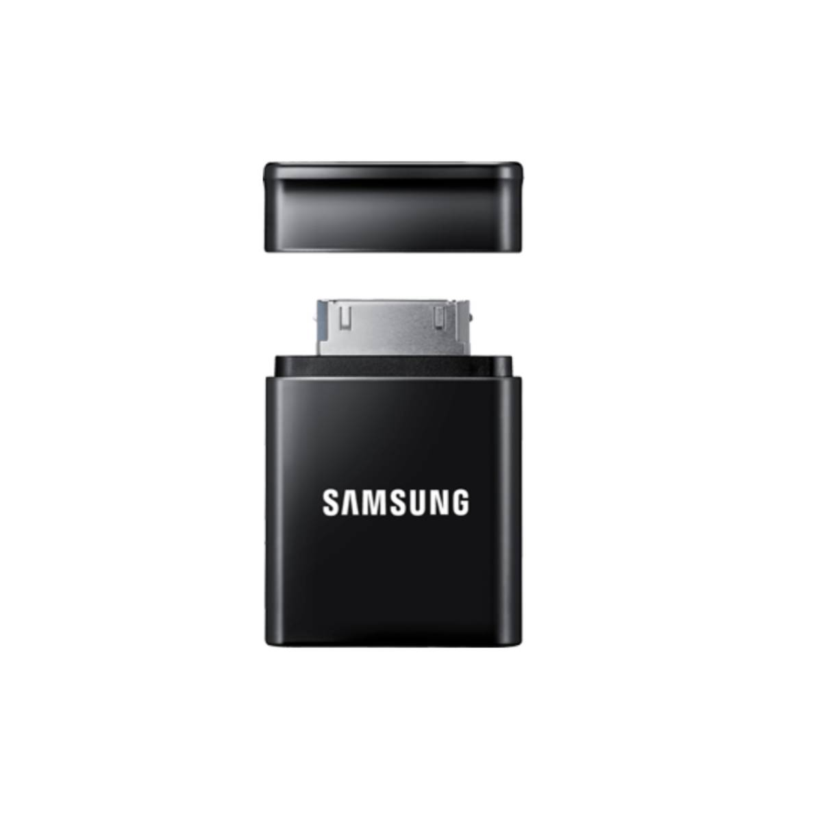 Adattatore Samsung nero con connettore argentato e cappuccio rimosso.