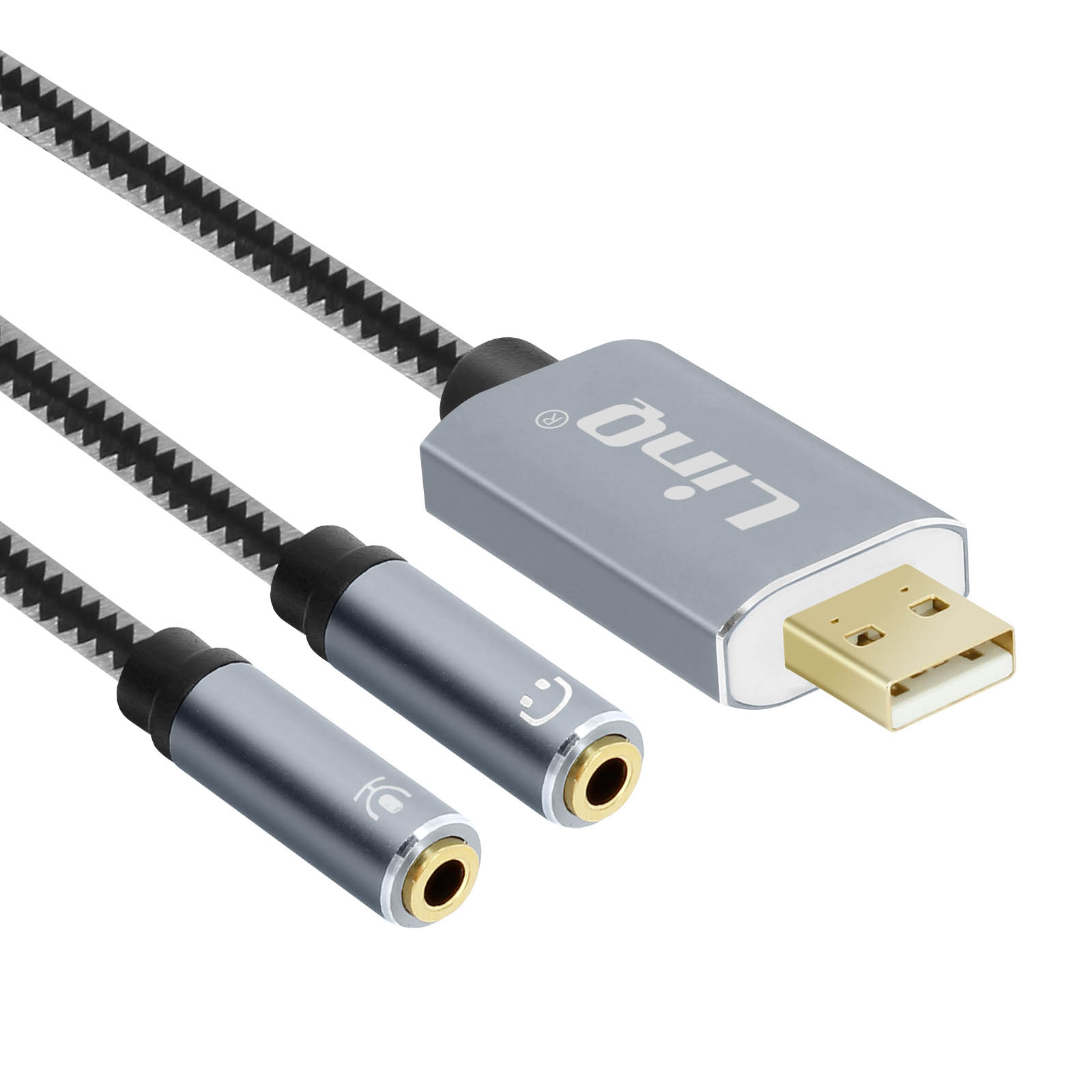 Adattatore USB argentato con due porte da 3,5 mm e cavo intrecciato.