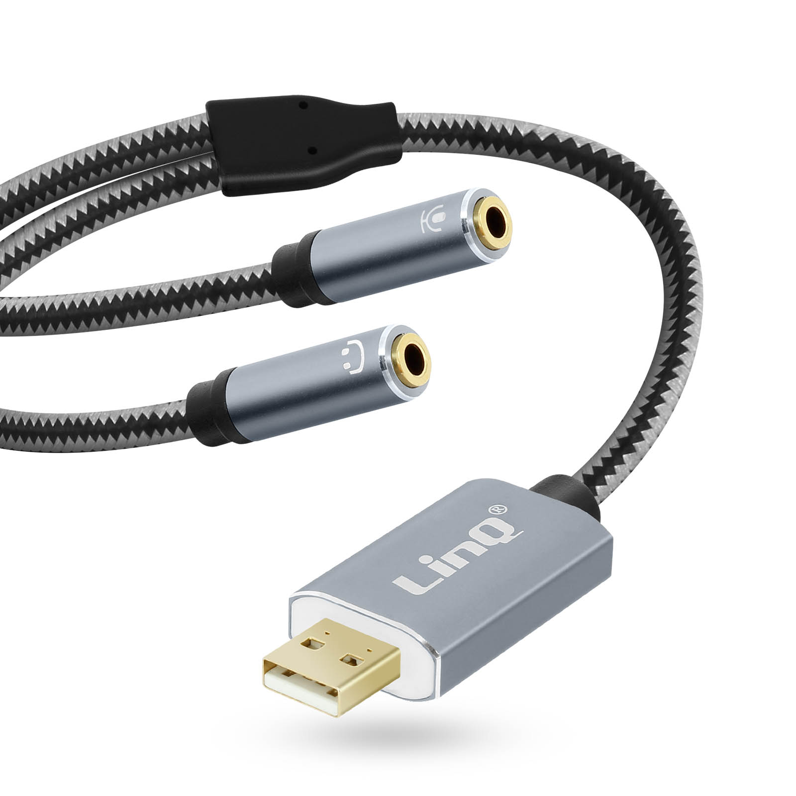 Un cavo da USB a 2x jack da 3,5 mm grigio con cavo intrecciato.