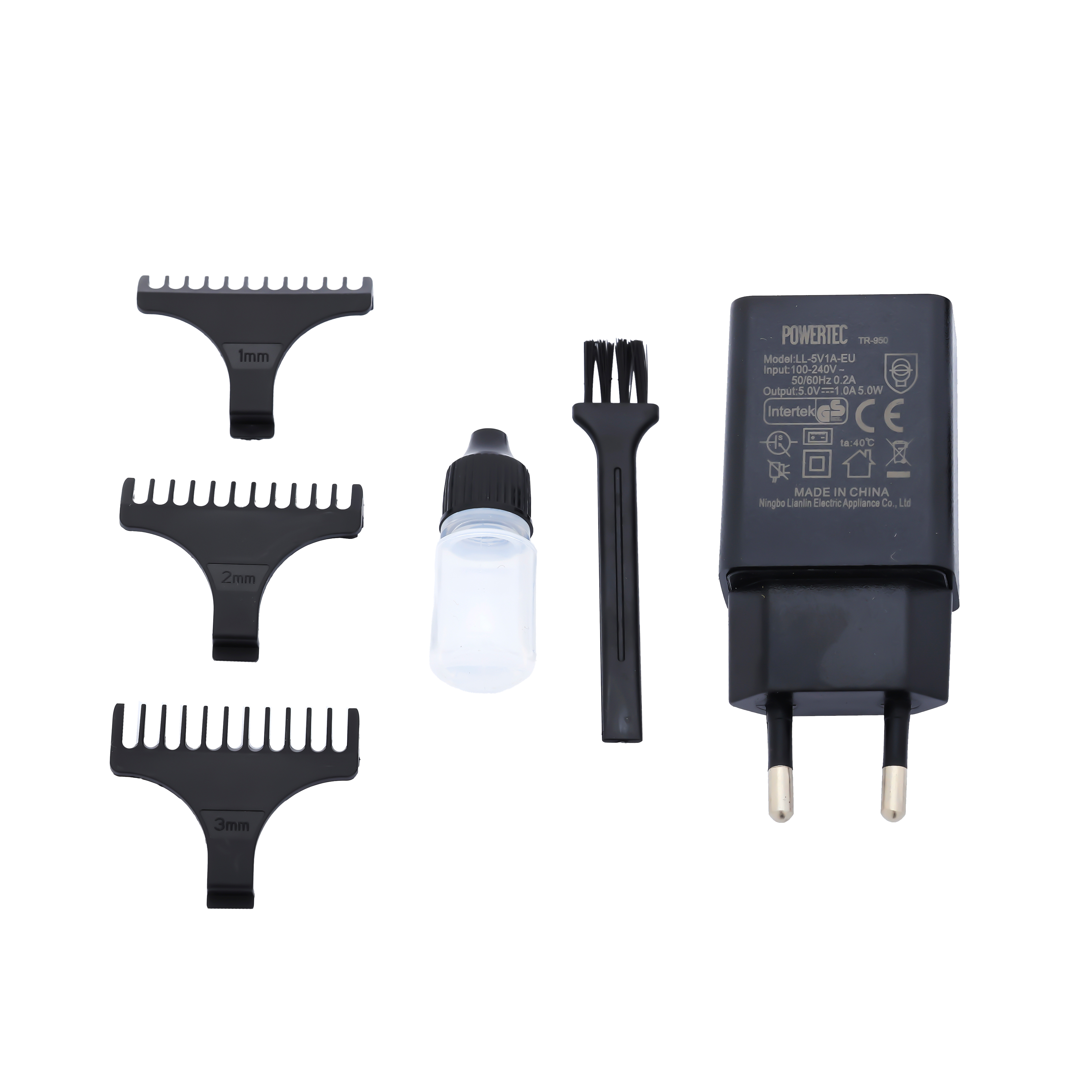 3 aparatlı (1mm, 2mm, 3mm), küçük şişeli ve fırçalı güç adaptörü.