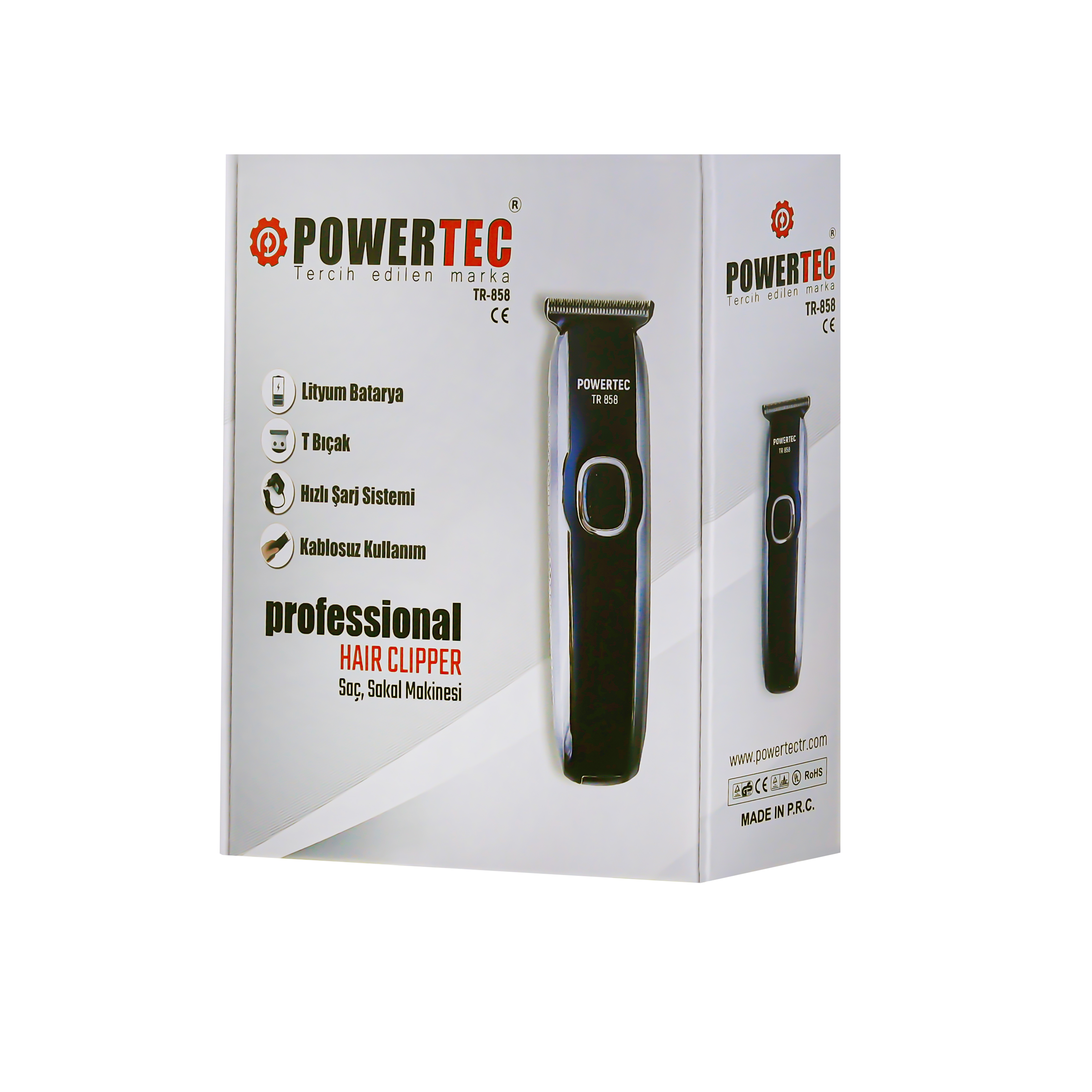 POWERTEC TR-858 model saç kesme makinesi kutusu.