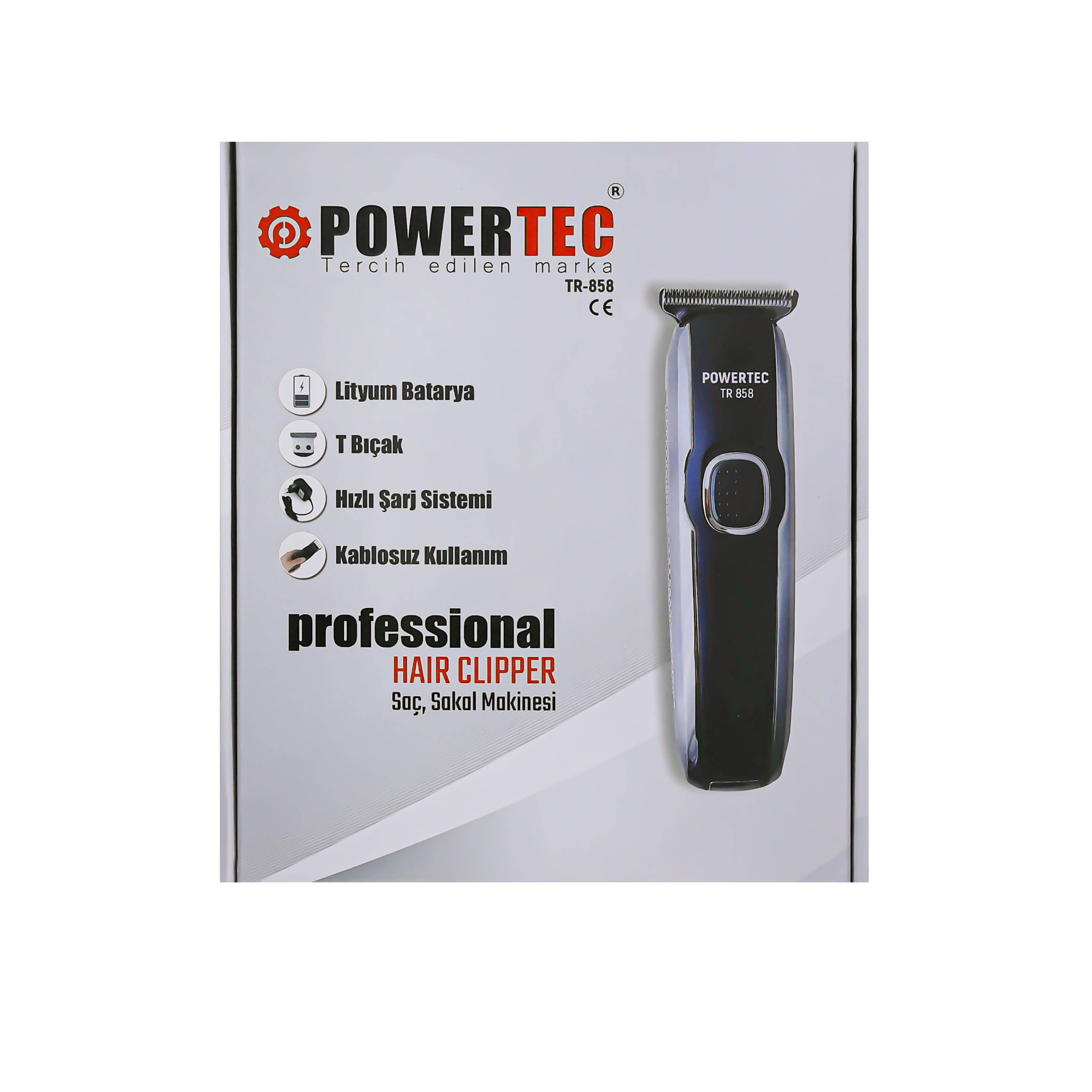 Siyah POWERTEC saç kesme makinesi ambalajı, Türkçe metinli.
