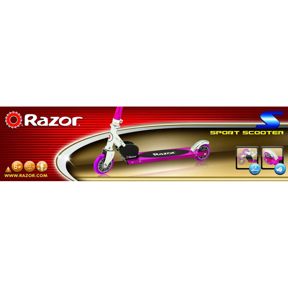Ein pinkfarbener Razor Sport-Scooter mit weißen Akzenten und lila Rädern.