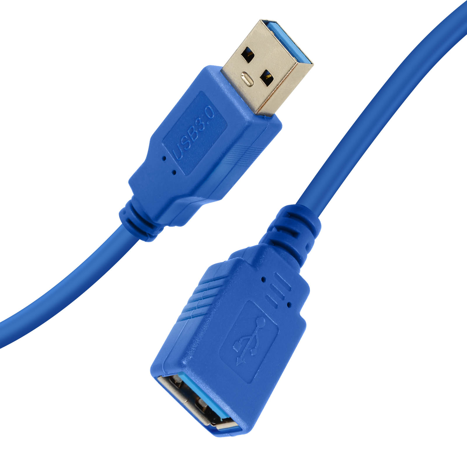 Cavo USB 3.0 blu con spina maschio e presa femmina su sfondo bianco.