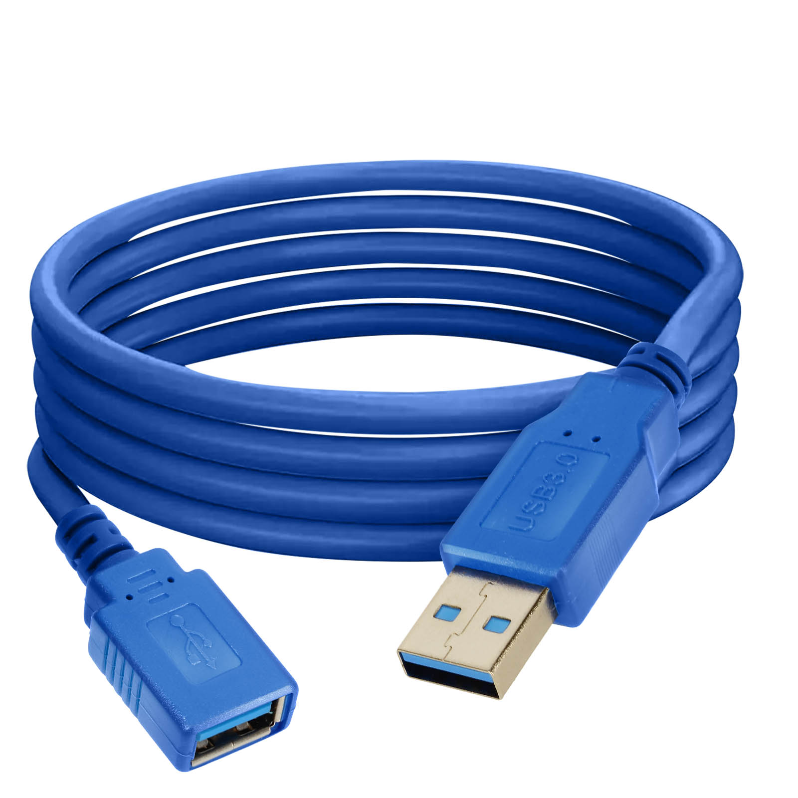 Un cavo USB 3.0 blu con un connettore maschio e uno femmina.