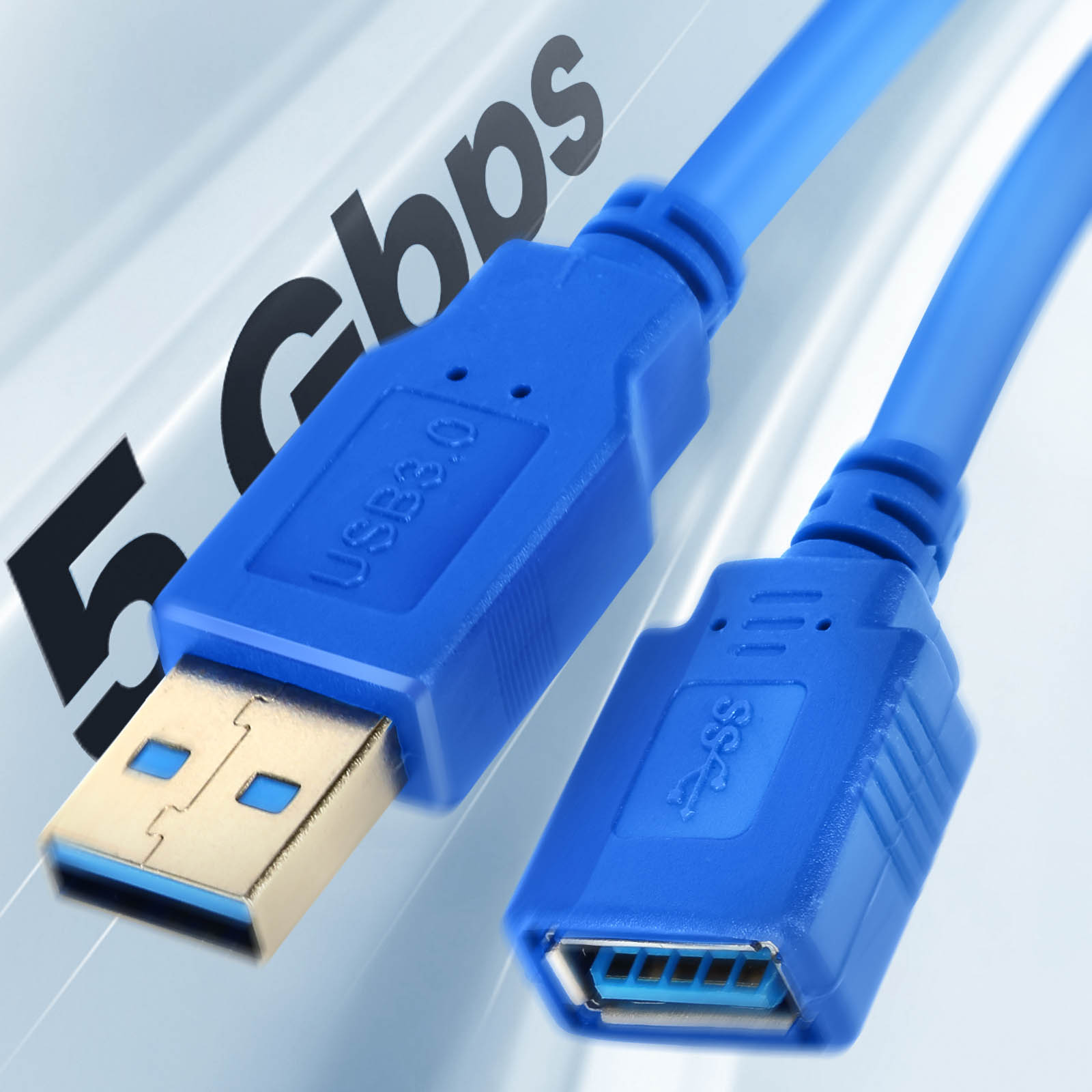 Un cavo USB 3.0 blu con connettori maschio e femmina. 5 Gbps.