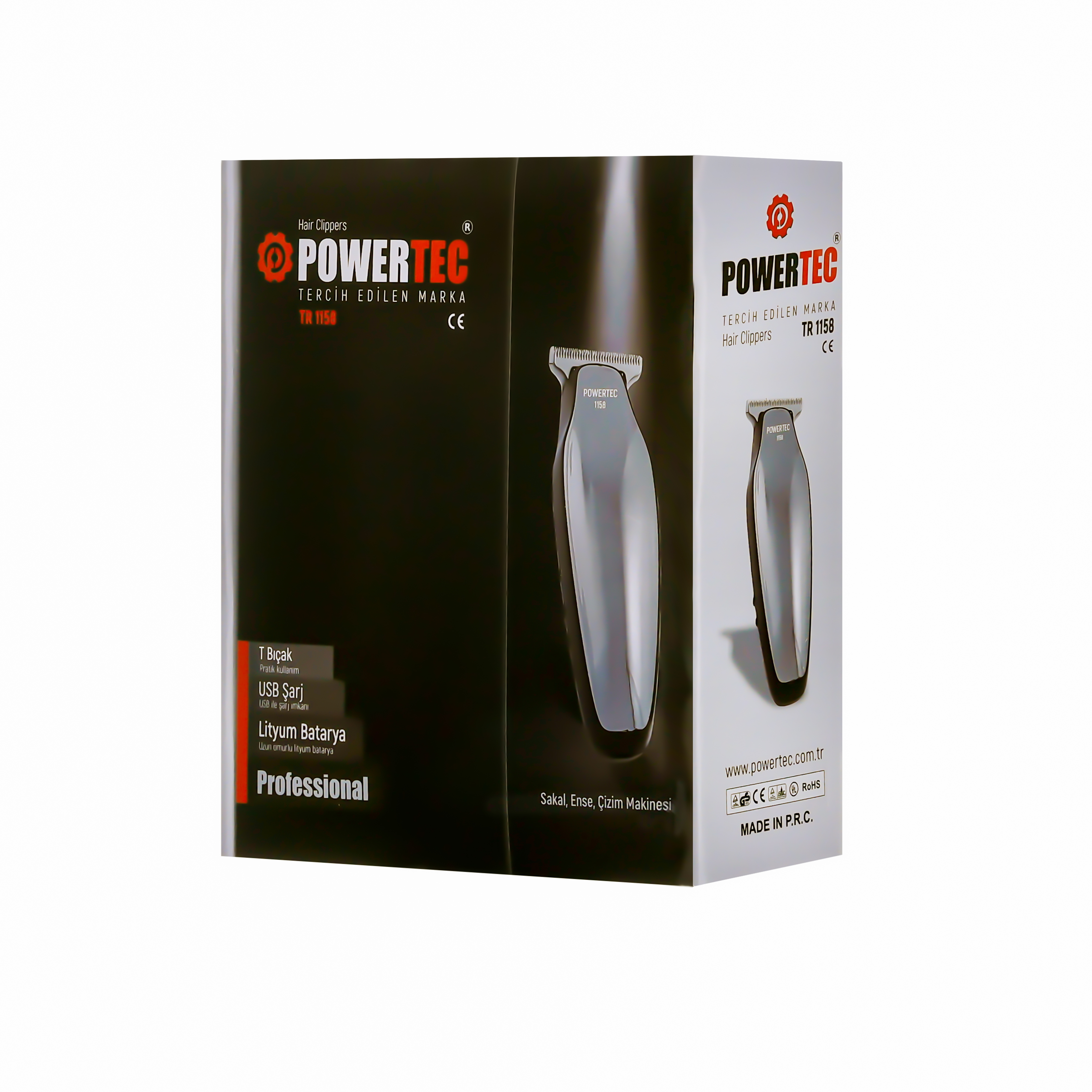 Powertec TR 1158 saç kesme makinesi kutusu, üzerinde resim.