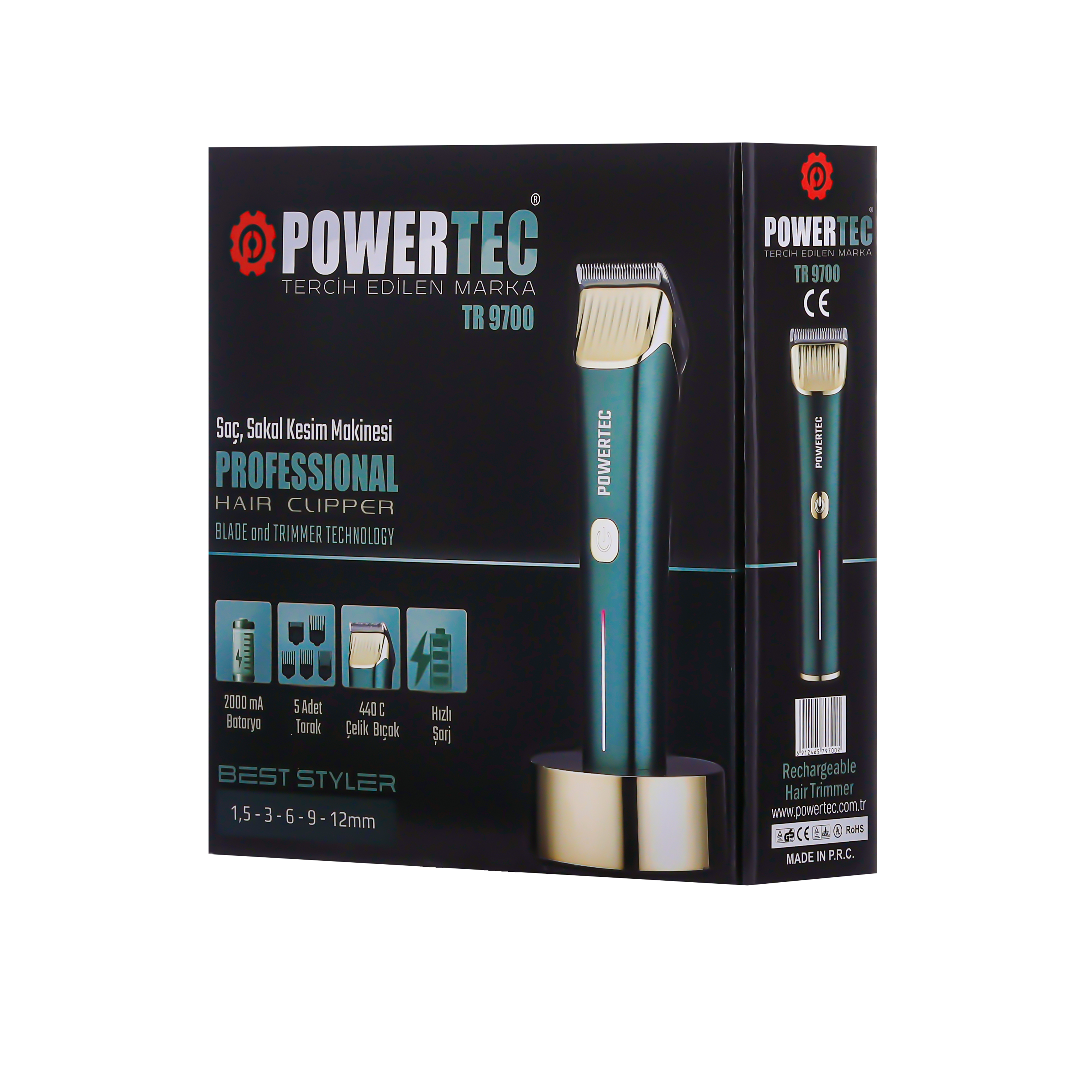 Powertec TR 9700 saç kesme makinesi kutusu, ürün bilgileri ve görselleri.
