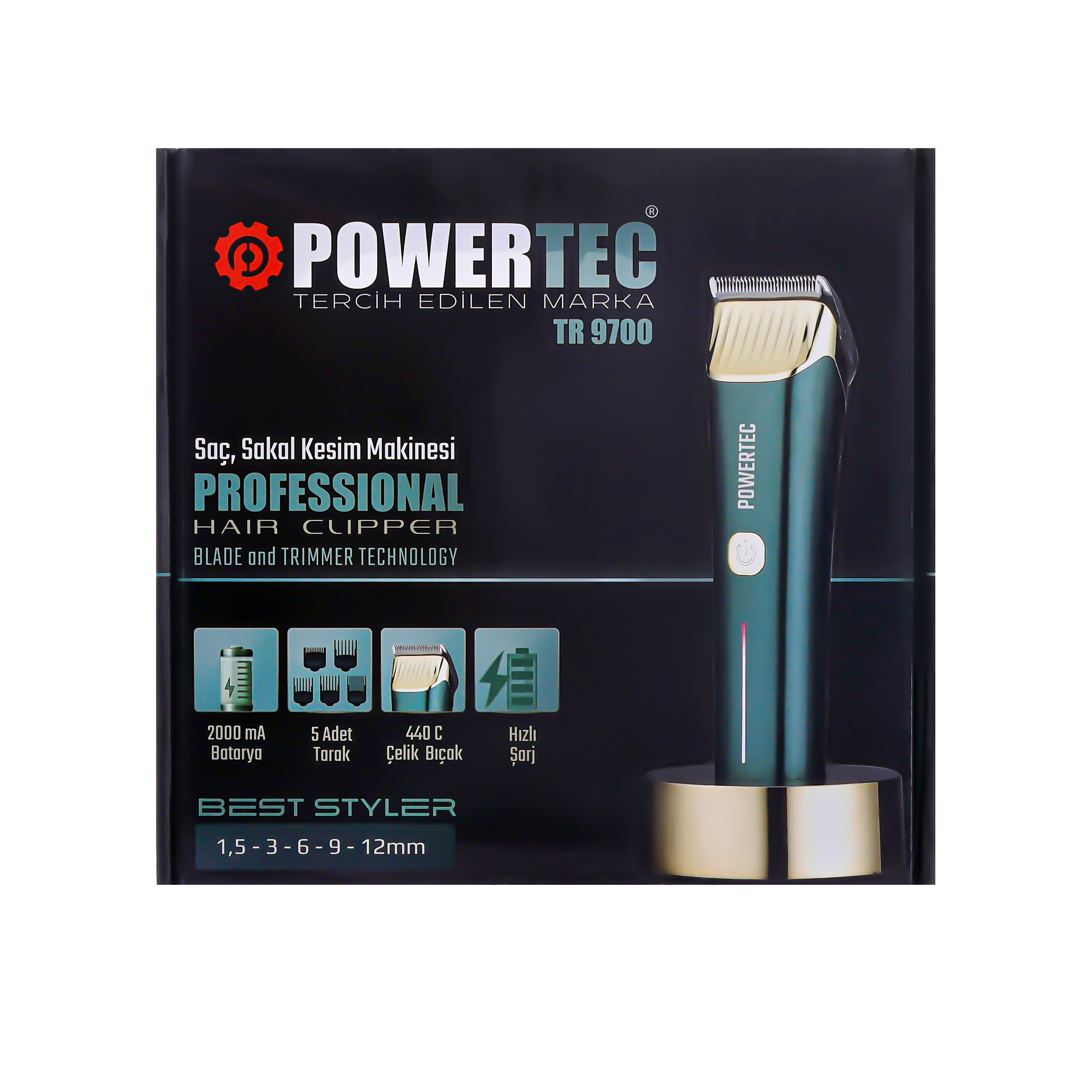 Powertec Saç Kesme Makinesi: 2000mAh Batarya, 5 Tarak, 440C Çelik Bıçak, Hızlı Şarj.