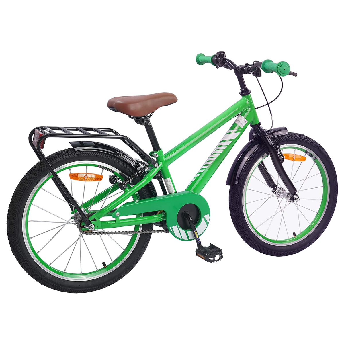 Ein grünes Fahrrad mit braunem Sattel und grünen Lenkern auf weißem Hintergrund.