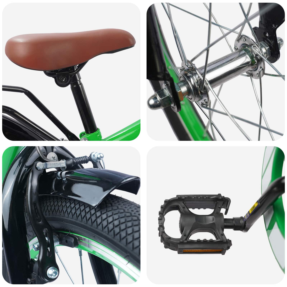 Details eines grünen Fahrrads: Sattel, Radnabe, Bremse und Pedal.