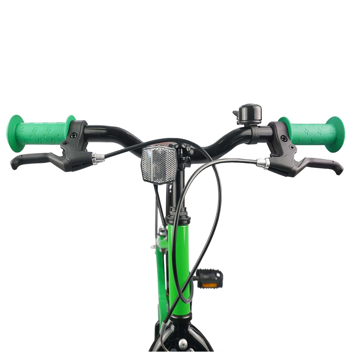 Grüne Lenkergriffe mit Sternen, Bremsen, Klingel und Reflektor an einem Fahrrad.