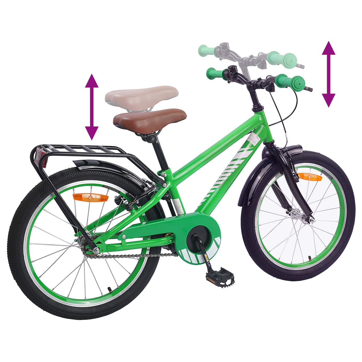 Grünes Kinderfahrrad mit Gepäckträger und verstellbarem Sattel/Lenker.