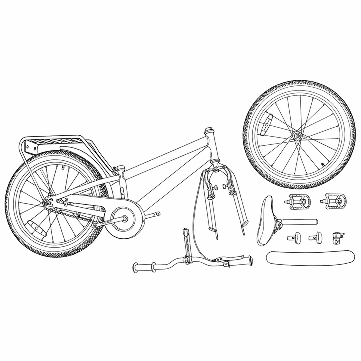 Fahrradrahmen mit Rädern, Lenker, Sattel und Pedalen.