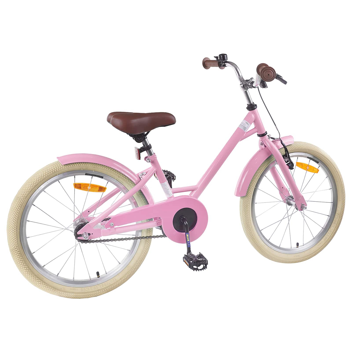 Ein rosa Kinderfahrrad mit braunem Sattel und cremefarbenen Reifen.